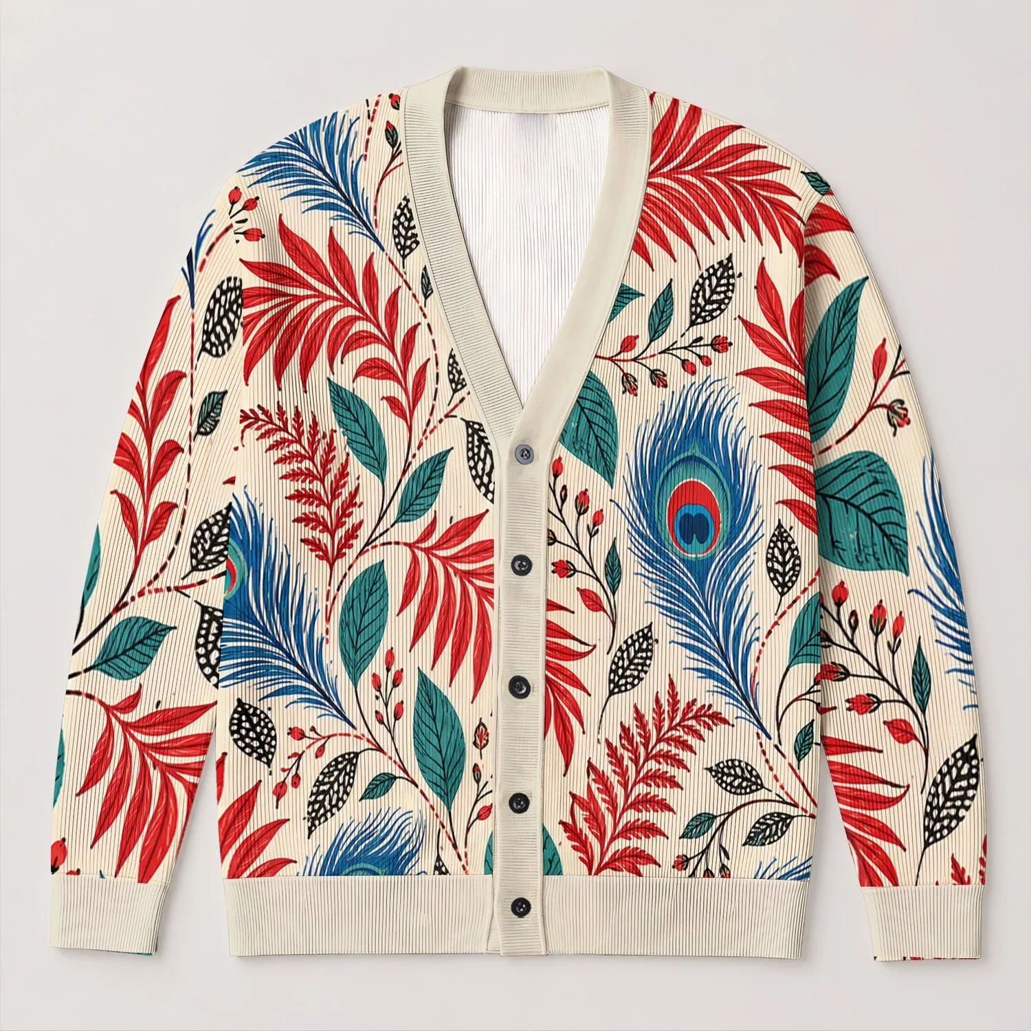 Red Palm Fronds And Peacock Feathers For Relaxed Autumn Layering Women’s Everyday Style All-over Print Knitted Cardigan - 1