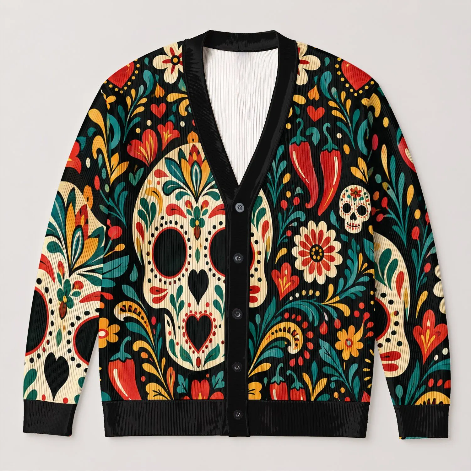 Day Of The Dead Sugar Skull Florals For Festive Everyday Layering And Celebrations All-over Print Knitted Cardigan - 1