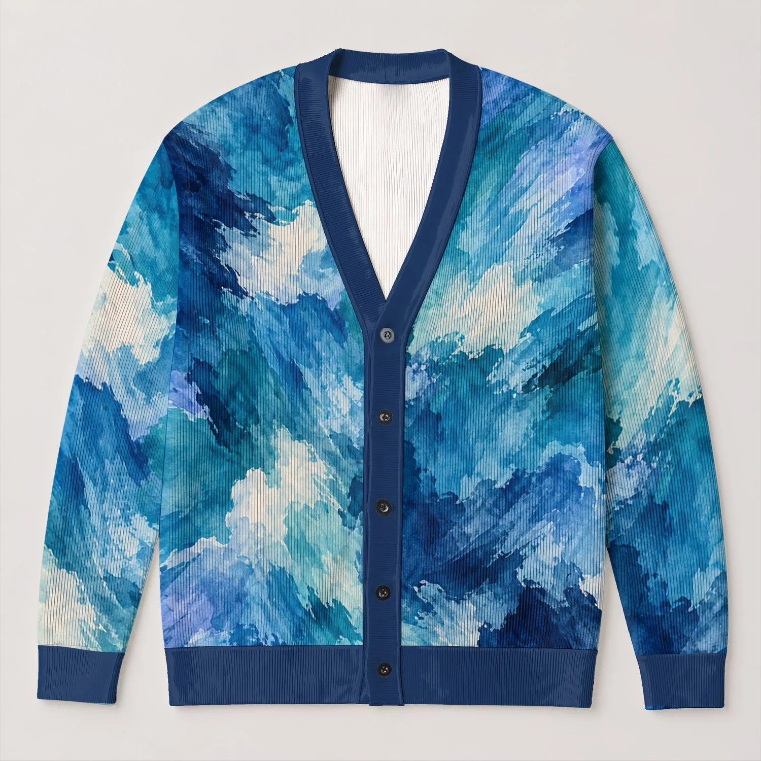 Abstract Blue Teal Brushstrokes for Relaxed Autumn Weekend Outfits and Easy Layering All-over Print Knitted Cardigan - 1