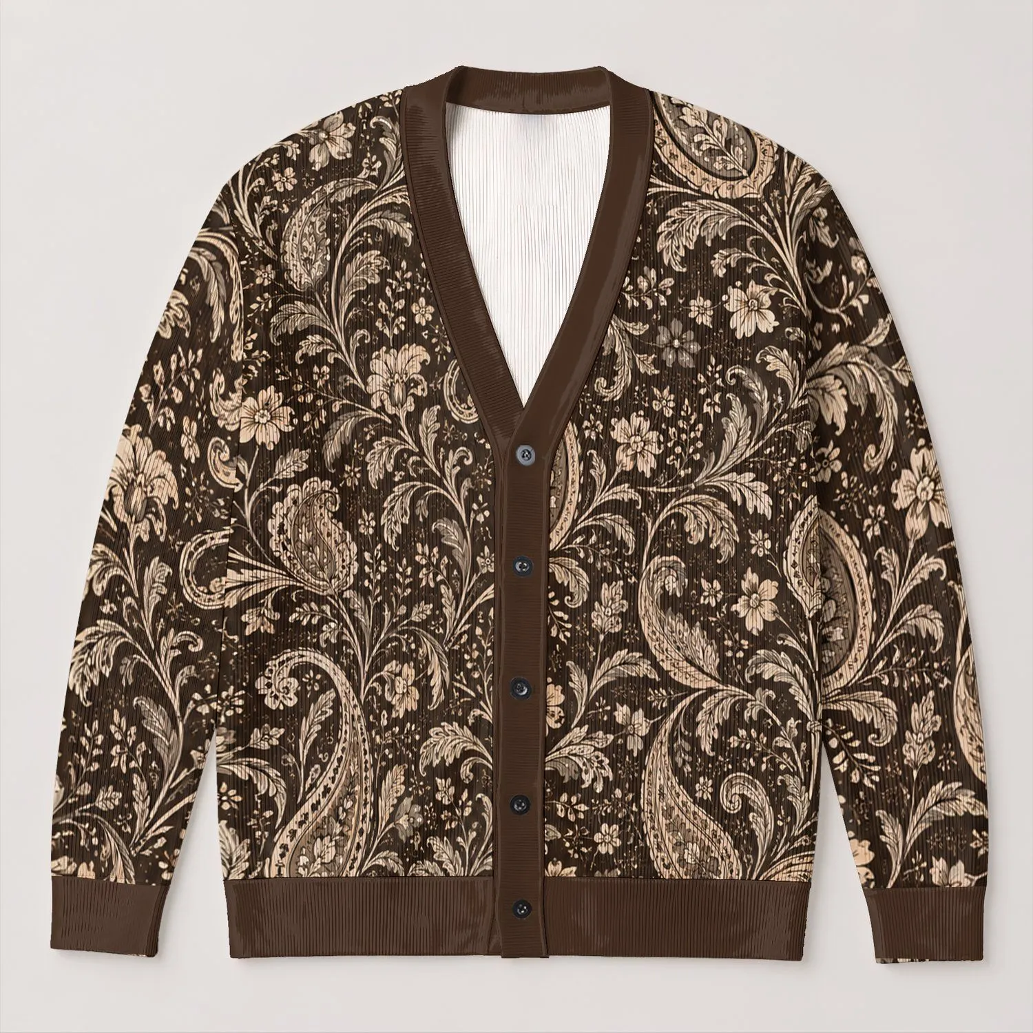 Espresso Paisley and Botanical Scrolls for Cozy Bohemian Everyday Layering Style All-over Print Knitted Cardigan - 1
