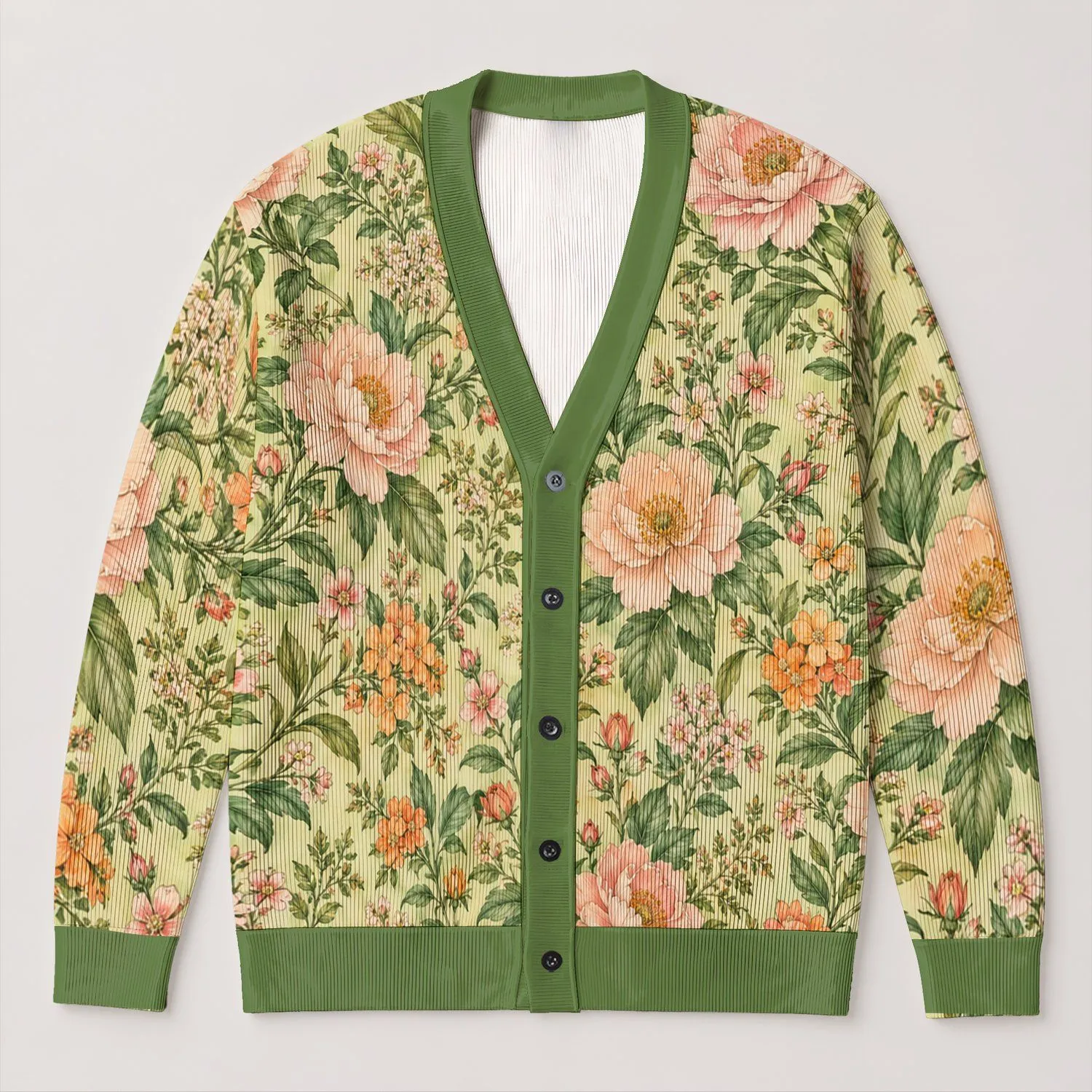 Sage Green Peach Floral Blooms for Cozy Autumn Layering and Everyday Wear All-over Print Knitted Cardigan - 1