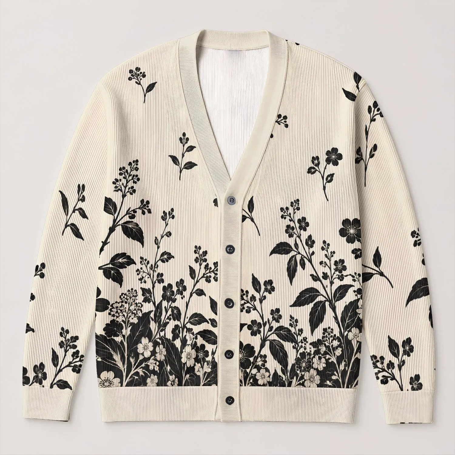 Black Floral Botanical Cardigan Style for Cozy Everyday Layering and Garden Lovers All-over Print Knitted Cardigan - 1