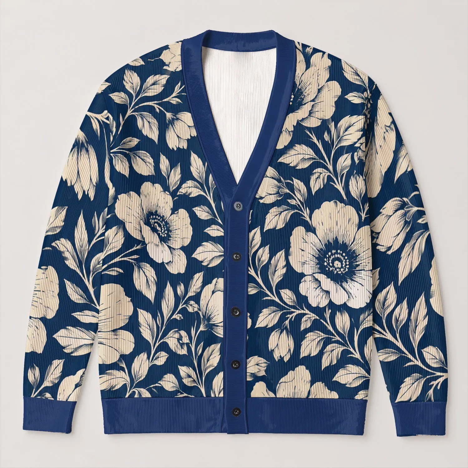 Navy Blue Botanical Blooms for Relaxed Everyday Layering and Casual Elegant Style All-over Print Knitted Cardigan - 1