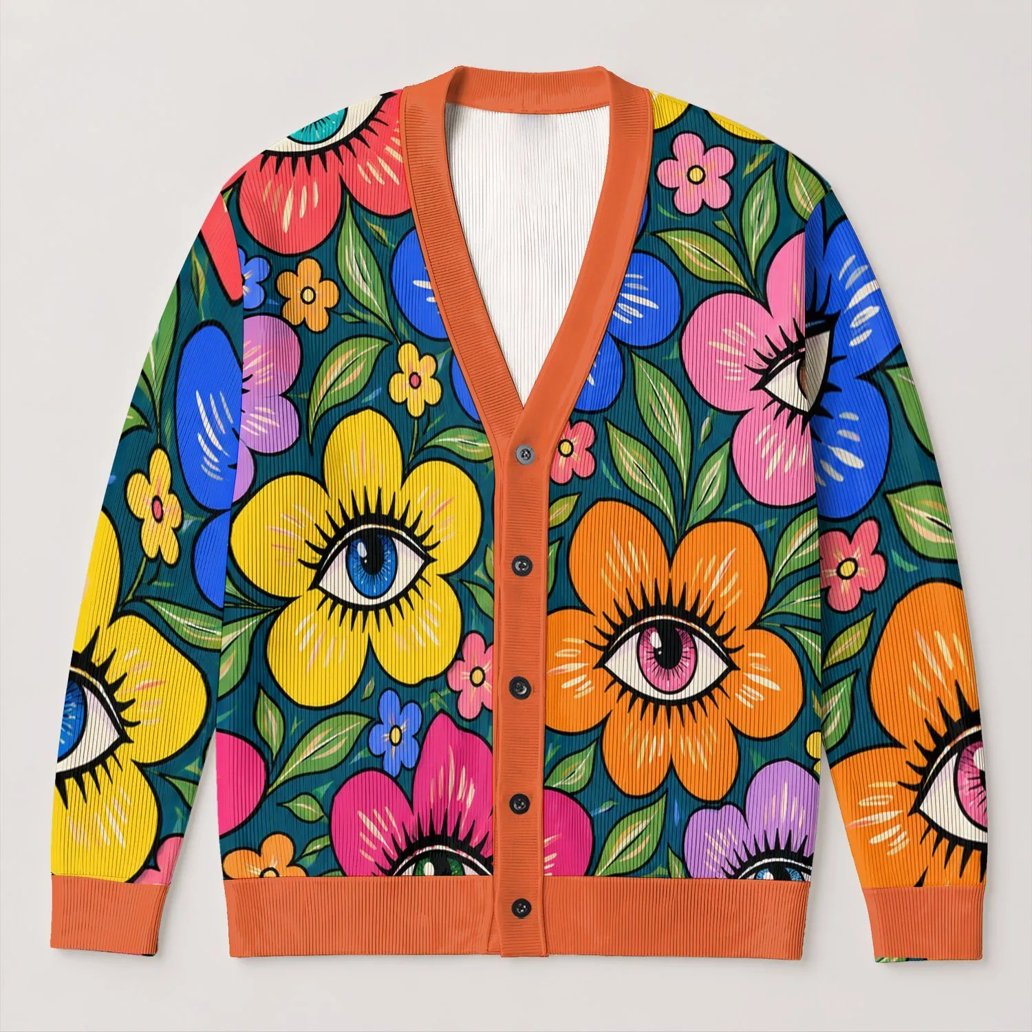 Colorful Floral Eyes for Everyday Layering, Creative Office Style, and Casual Days All-over Print Knitted Cardigan - 1