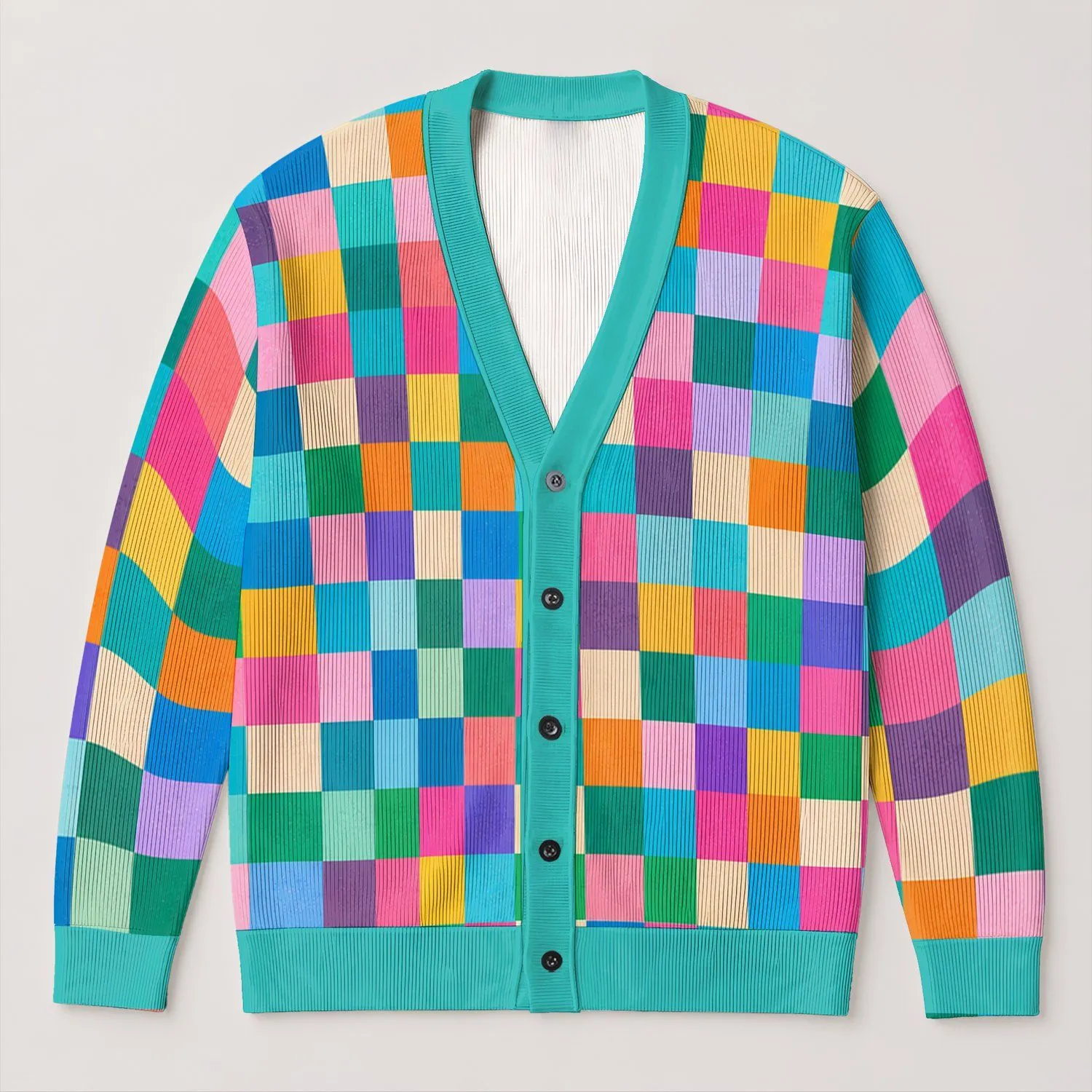 Colorful Pastel Checkerboard Squares for Bright Everyday Layering and Casual Style All-over Print Knitted Cardigan - 1