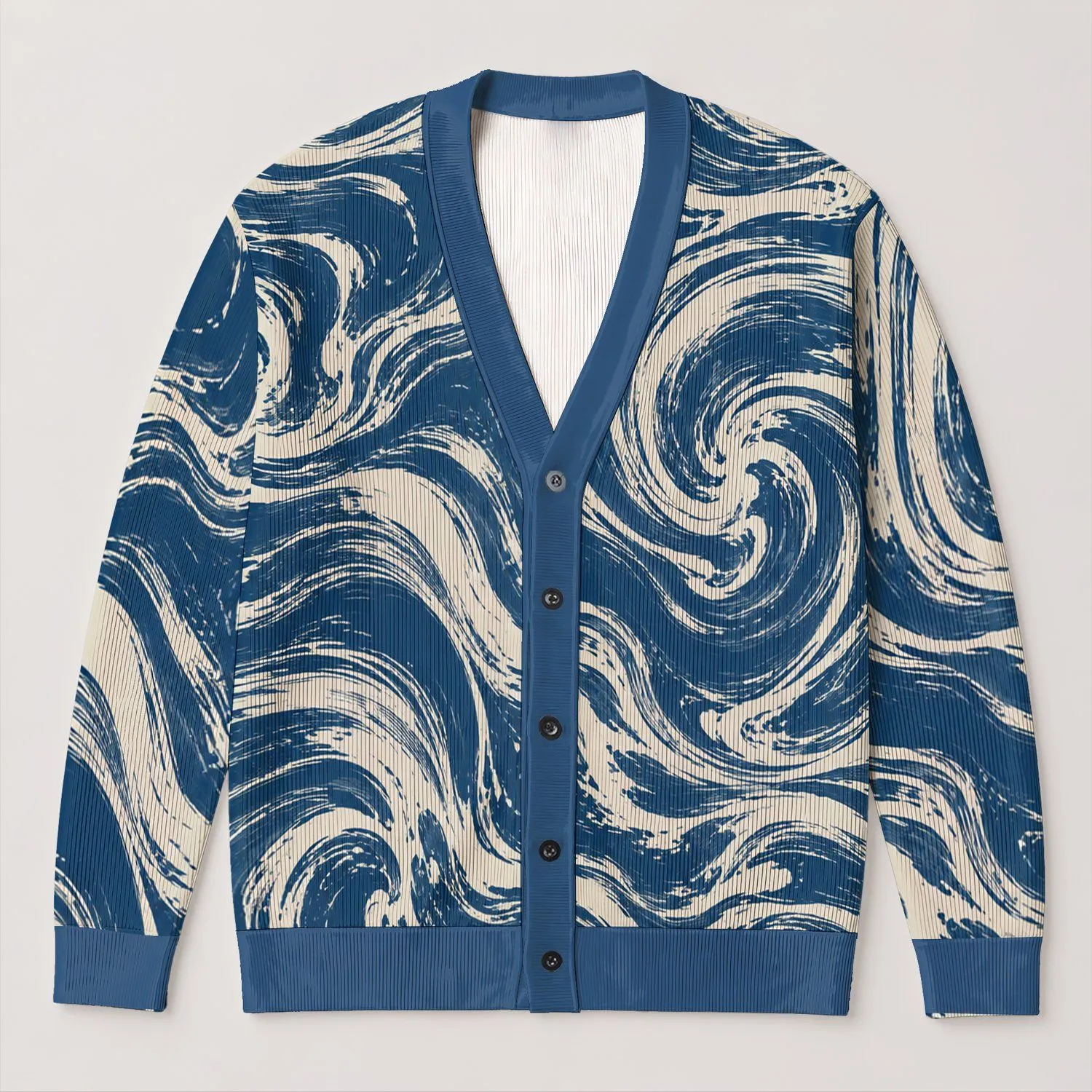 Indigo Cream Marbled Swirls for Relaxed Autumn Layering, Women’s Coastal Style Wardrobe All-over Print Knitted Cardigan - 1