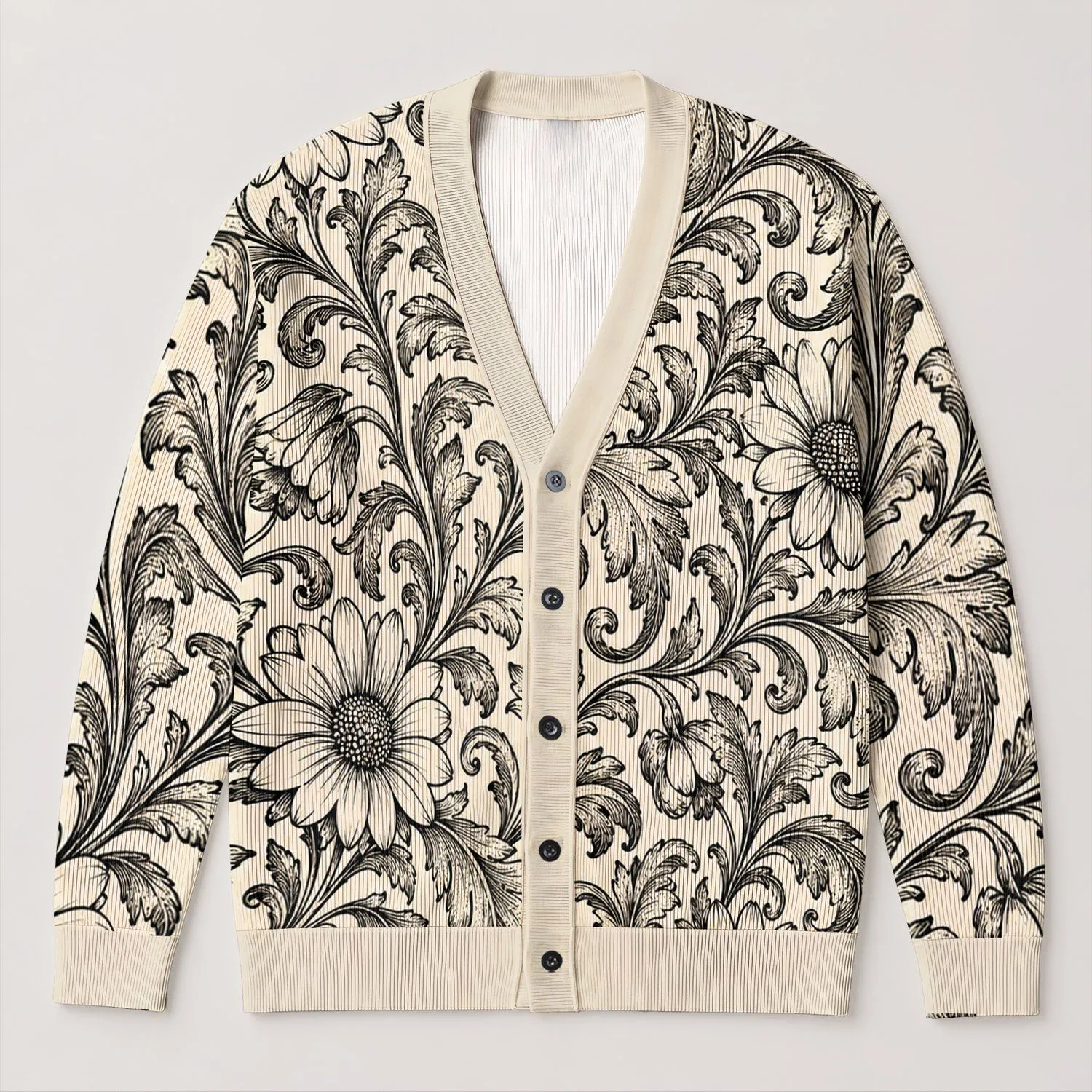 Black Cream Scrolled Floral Motifs for Relaxed Everyday Layering, Women’s Casual Style All-over Print Knitted Cardigan - 1