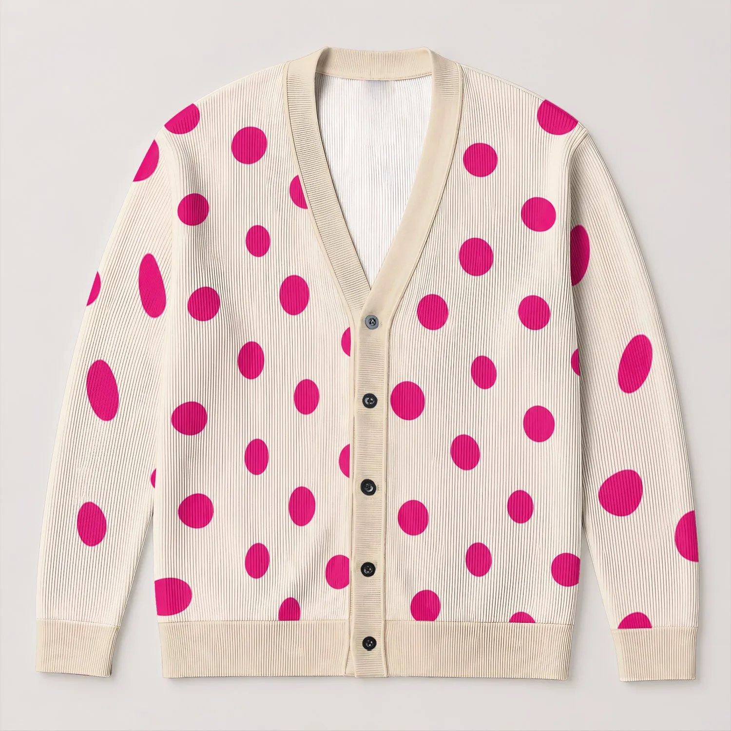 Hot Pink Polka Dots For French Retro Everyday Layering And Spring Summer Weekend Style All-over Print Knitted Cardigan - 1