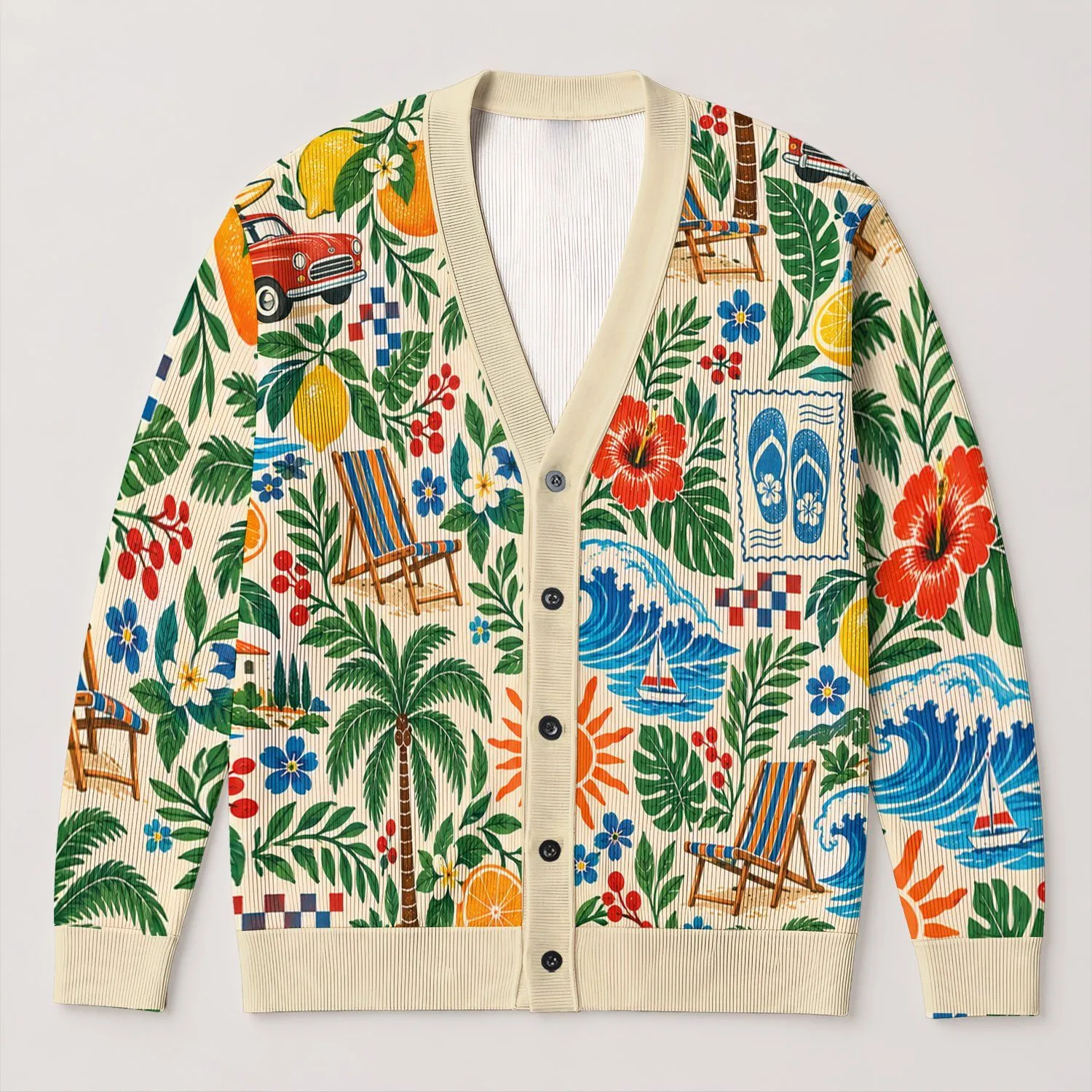 Retro Coastal Summer Collage Palm Trees Citrus Waves Beach Vacation Style For Women All-over Print Knitted Cardigan - 1