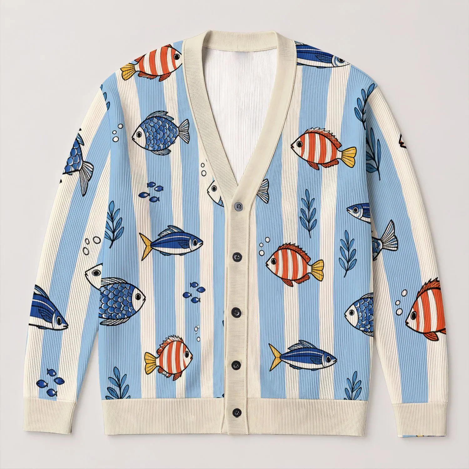 Colorful Folk Fish And Ocean Stripes For Relaxed Coastal Layering, Women's Style All-over Print Knitted Cardigan - 1
