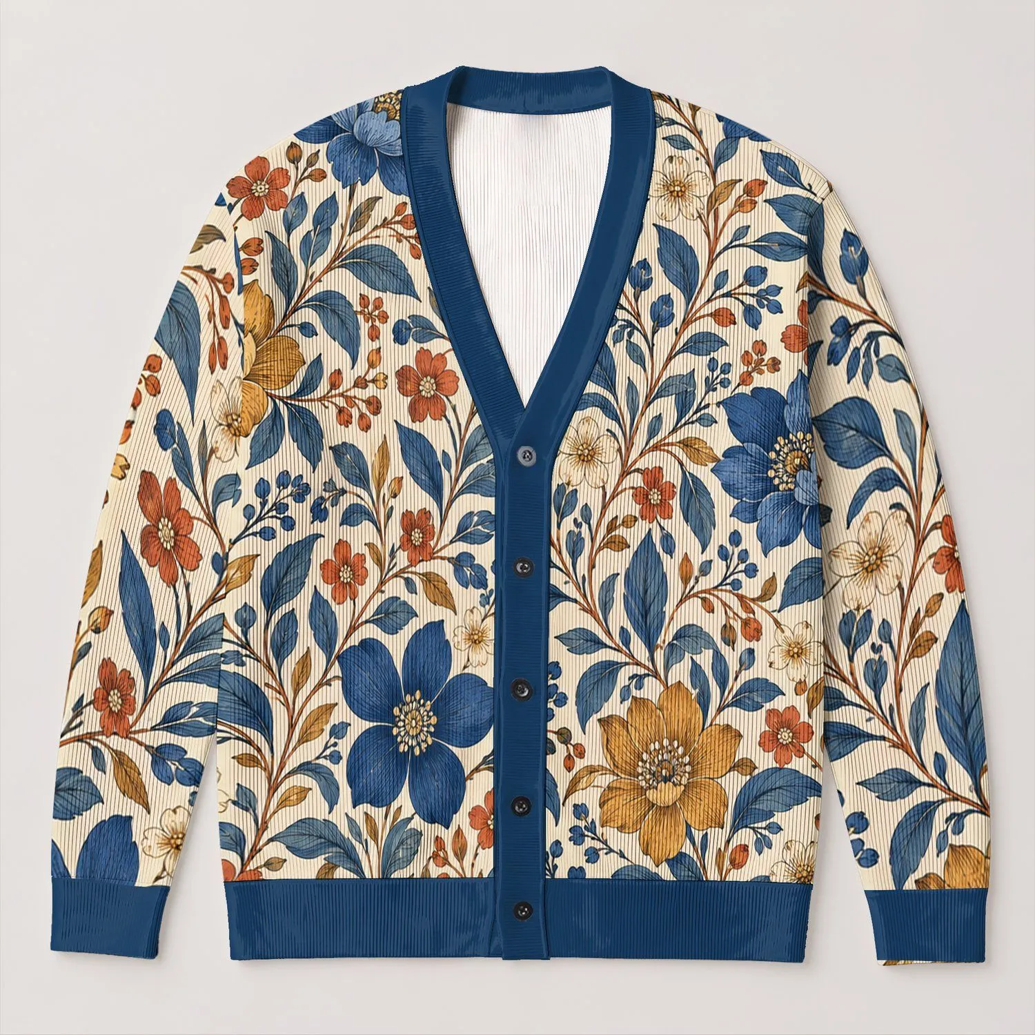 Blue and Ochre Botanical Flowers for Everyday Layering, Women’s Casual Wardrobe Style All-over Print Knitted Cardigan - 1