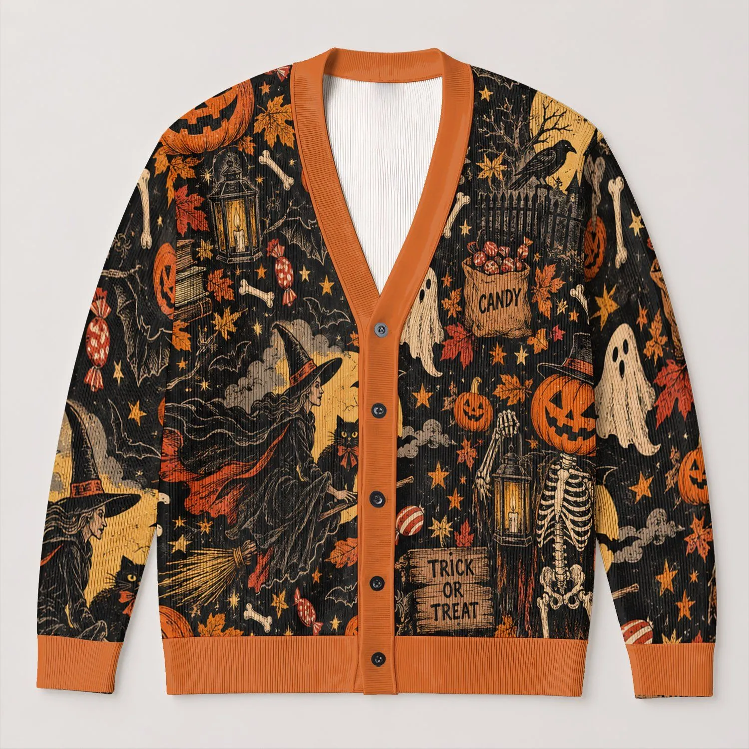 Halloween Pumpkin, Bat And Skeleton Theme For Festive Casual Everyday Layering, Women’s All-over Print Knitted Cardigan - 1