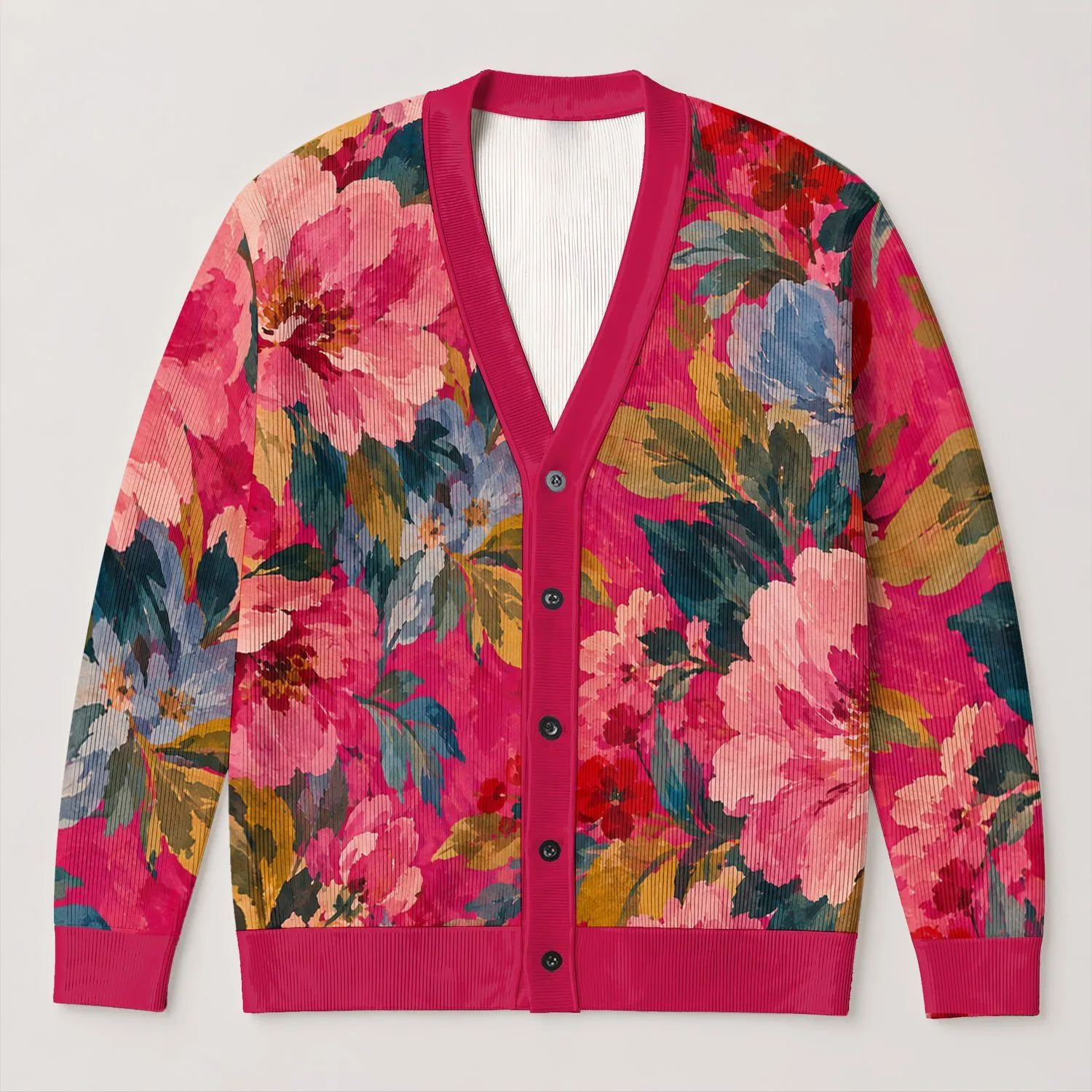 Raspberry Pink Floral Collage for Colorful Everyday Layering and Artistic Style All-over Print Knitted Cardigan - 1