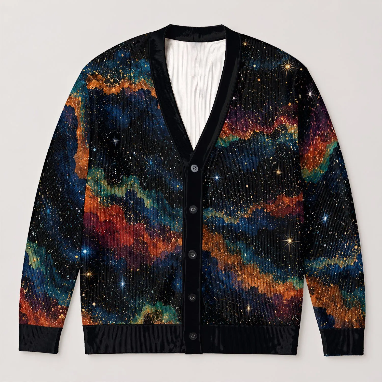 Cosmic Night Waves and Starbursts for Everyday Layering and Creative Style All-over Print Knitted Cardigan - 1