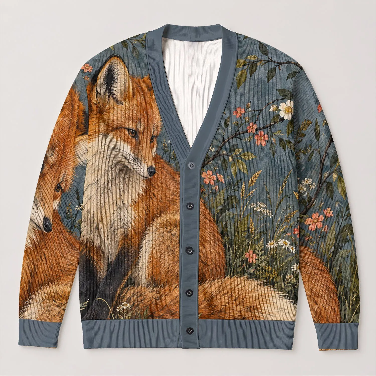 Red Fox And Meadow Flowers For Cozy Autumn Woodland Style All-over Print Knitted Cardigan - 1