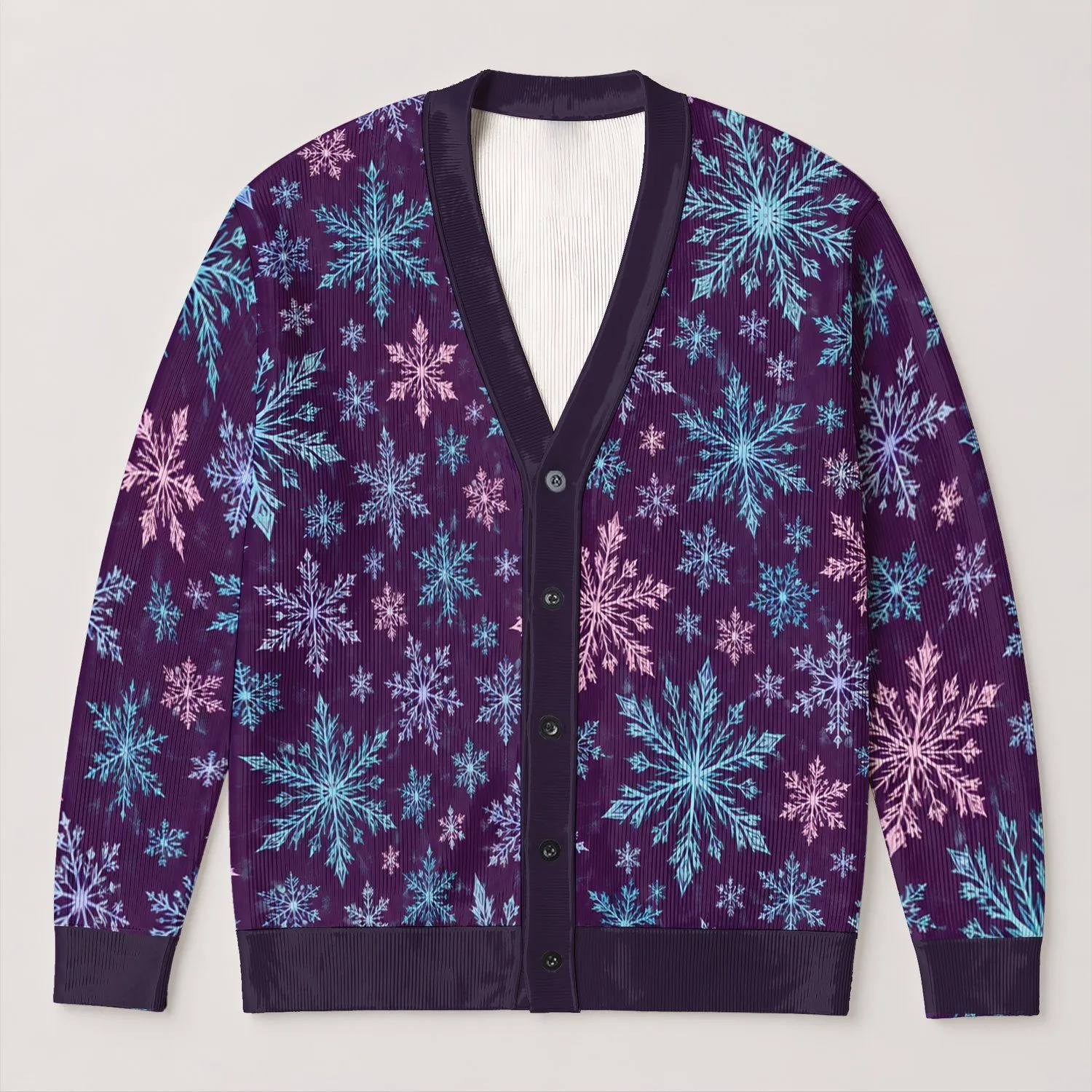 Colorful Snowflake Collage for Cozy Winter Days and Festive Seasonal Style All-over Print Knitted Cardigan - 1