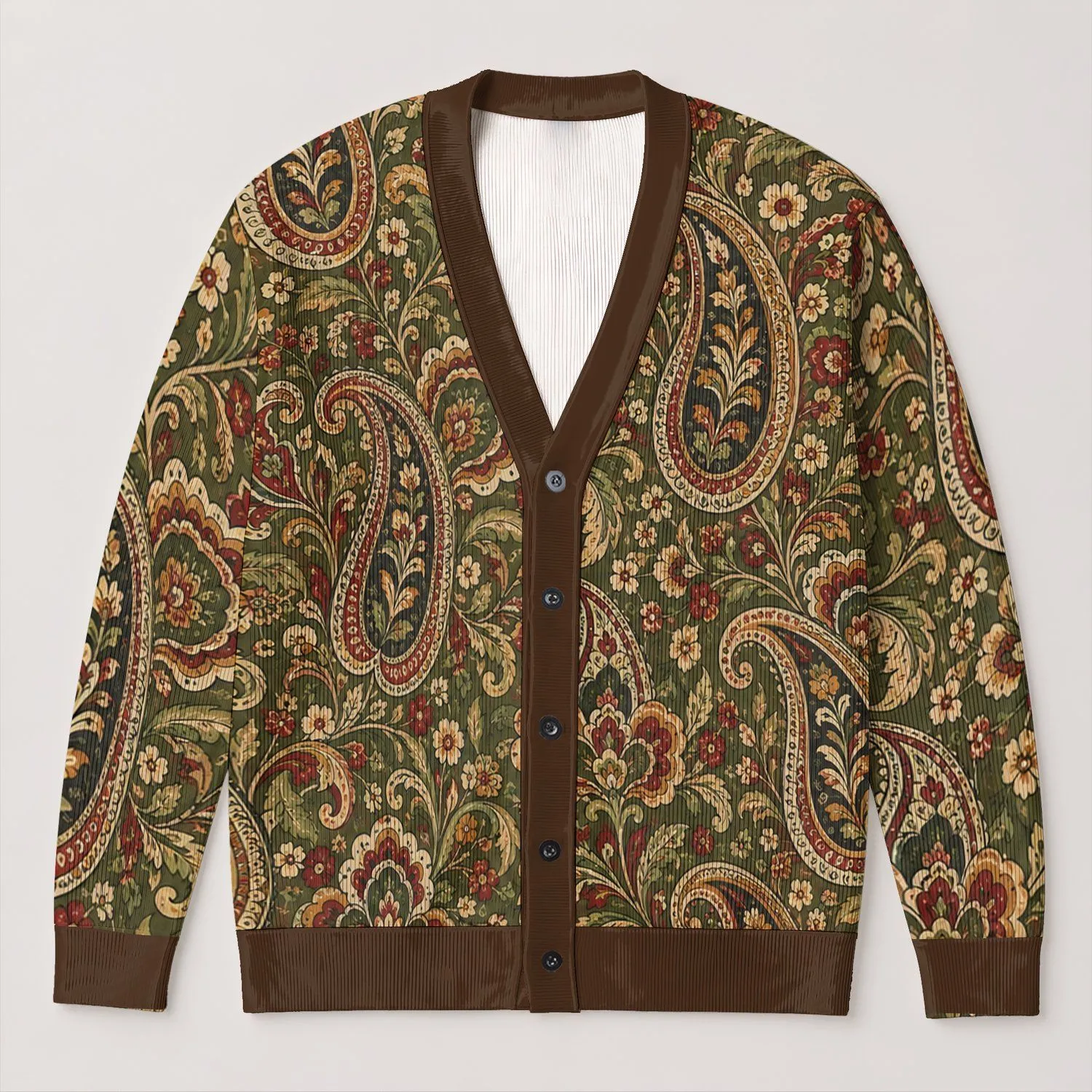 Olive Paisley Floral Motifs for Relaxed Bohemian Everyday Layering All-over Print Knitted Cardigan - 1