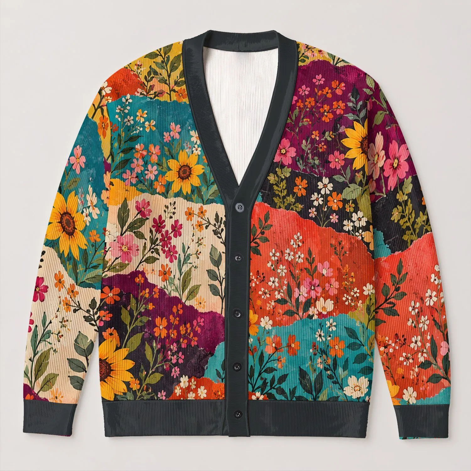 Sunflower Meadow Florals for Colorful Everyday Layering and Youthful Casual Style Wear All-over Print Knitted Cardigan - 1