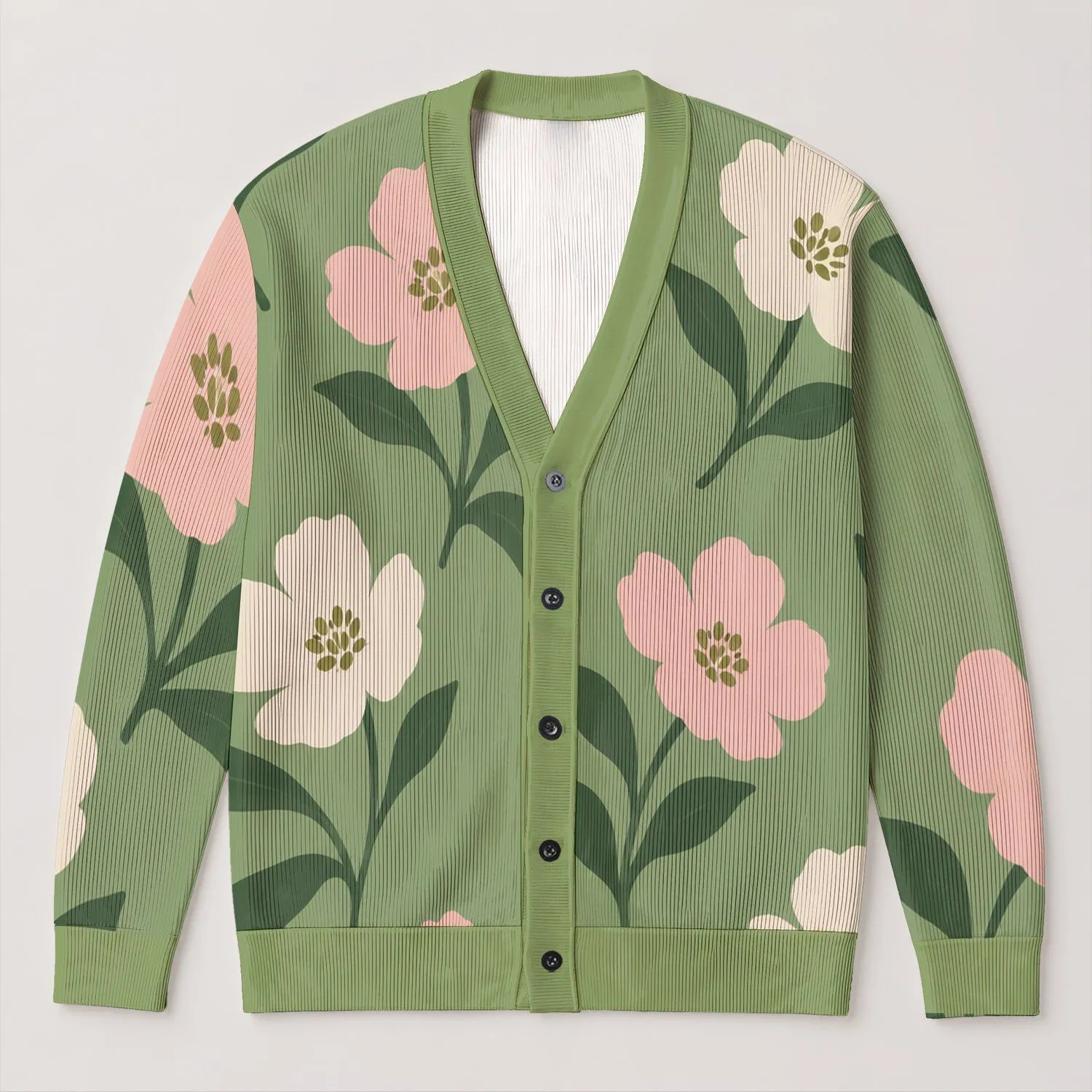 Sage Green Wildflower Blooms for Cozy Autumn Layering and Everyday Wear for Women All-over Print Knitted Cardigan - 1