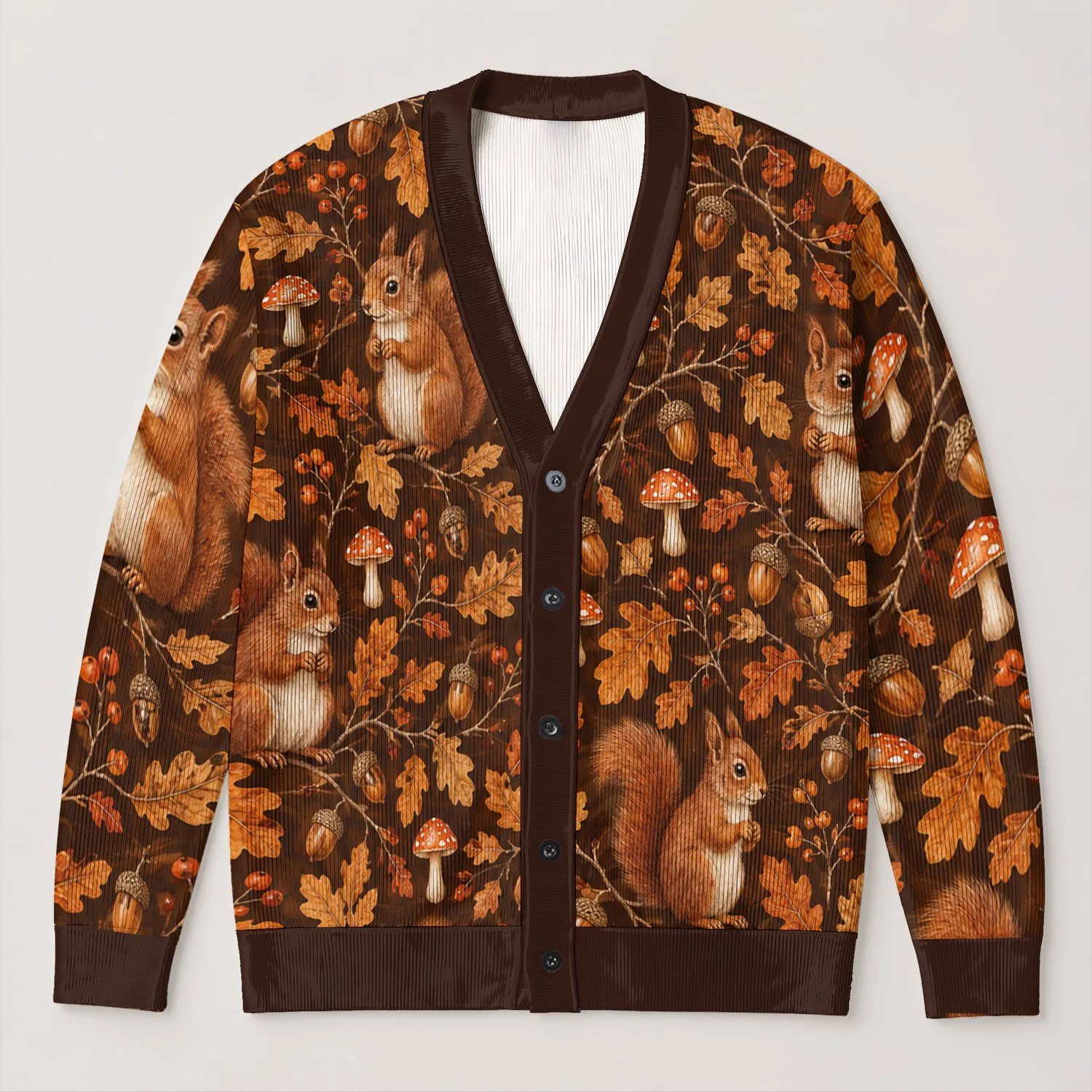 Autumn Squirrels, Acorns And Oak Leaves For Cozy Woodland Layering All-over Print Knitted Cardigan - 1