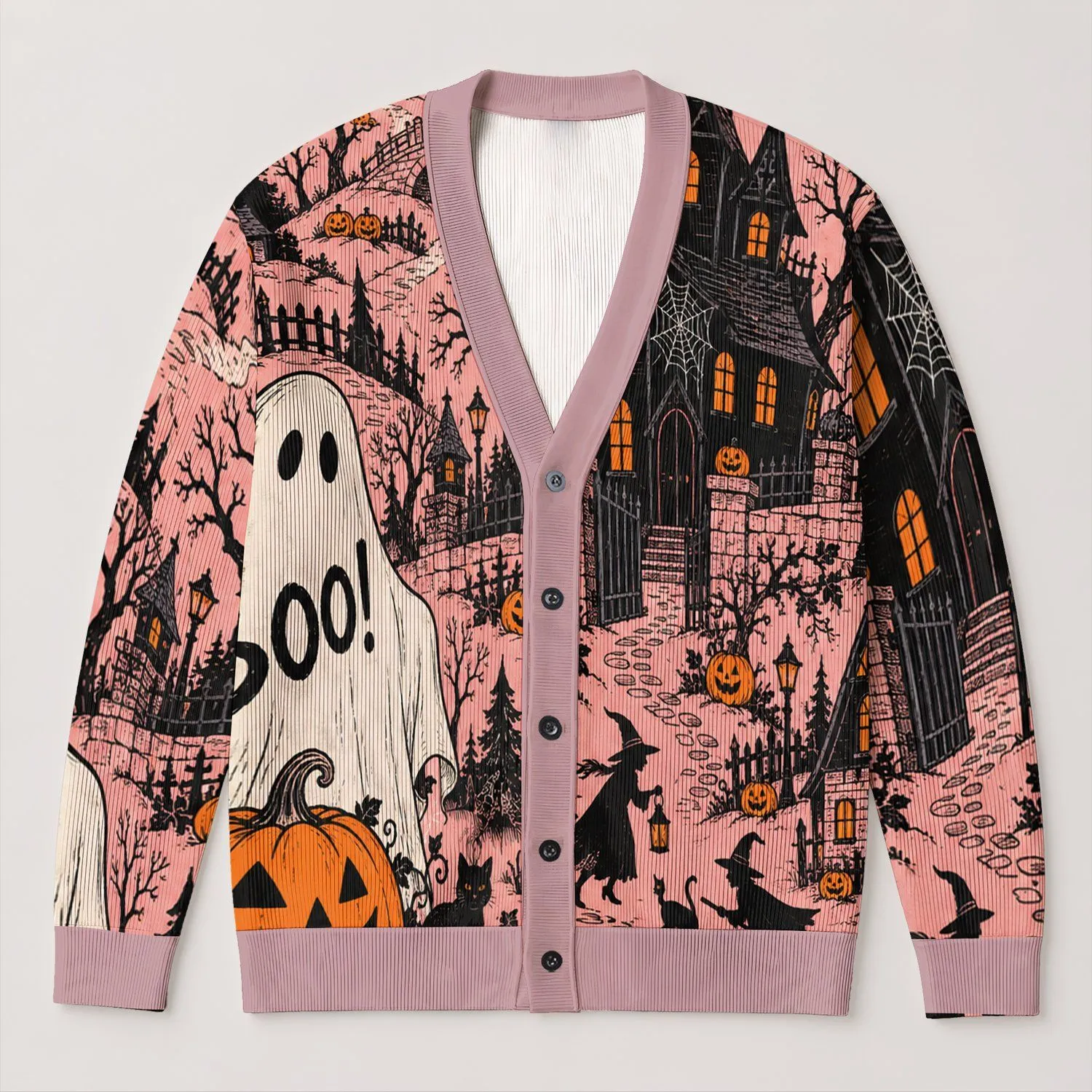 Halloween Ghosts, Pumpkins and Haunted House for Cozy October Nights and Parties All-over Print Knitted Cardigan - 1