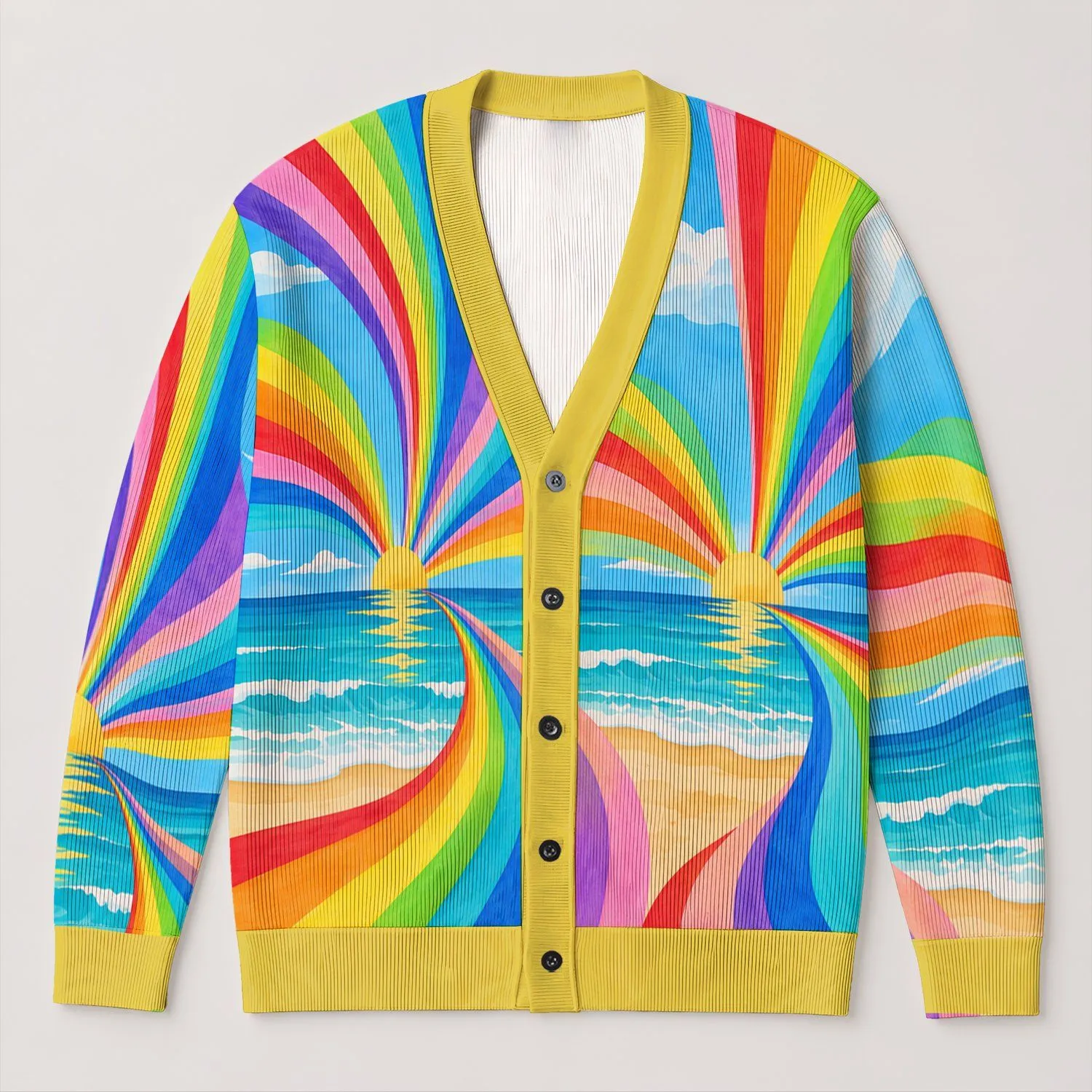 Vibrant Rainbow Sunburst Coastal Colors For Bright Everyday Summer Style All-over Print Knitted Cardigan - 1