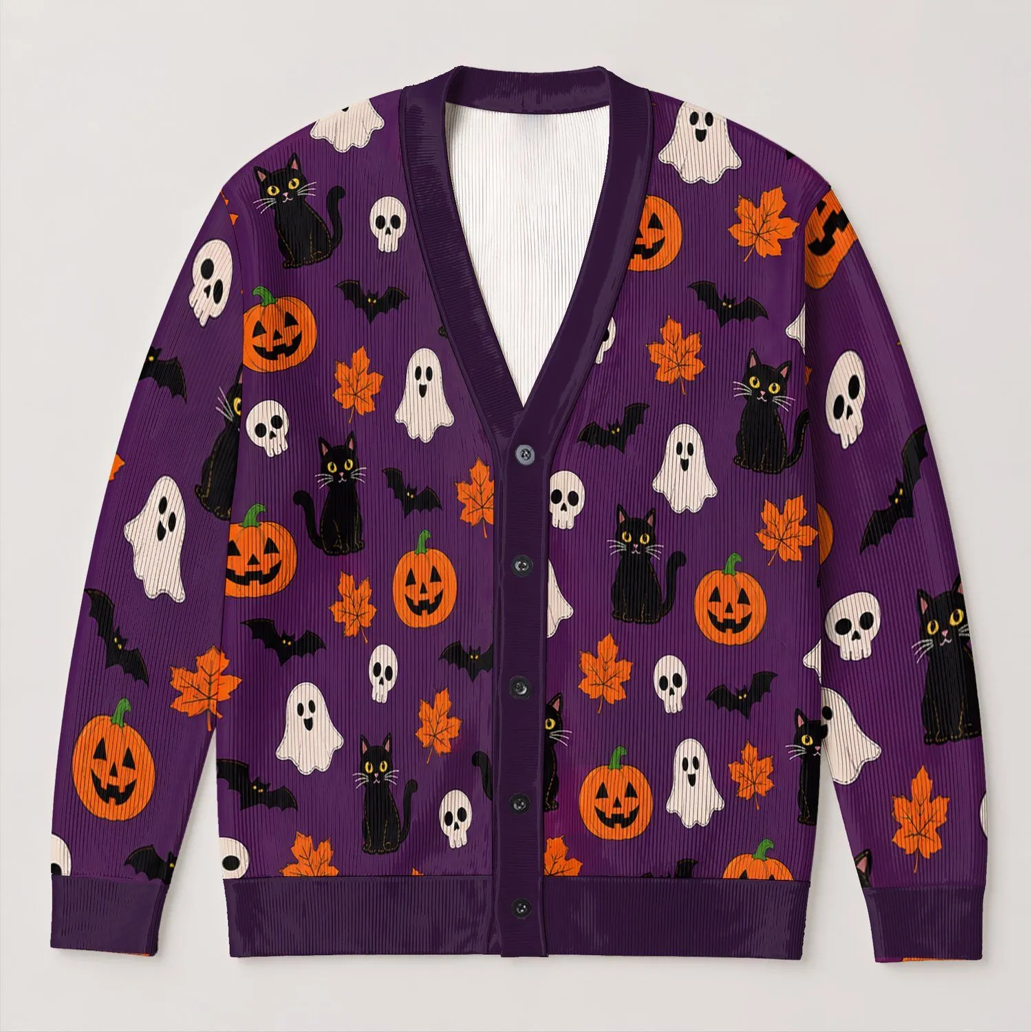 Pumpkin Ghost Cat Halloween Motifs for Cozy Autumn Seasonal Layering All-over Print Knitted Cardigan - 1