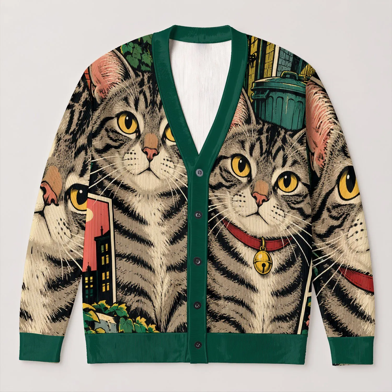 Two Wide-Eyed Tabby Cats for Playful Halloween Street Style and Cat Lovers All-over Print Knitted Cardigan - 1