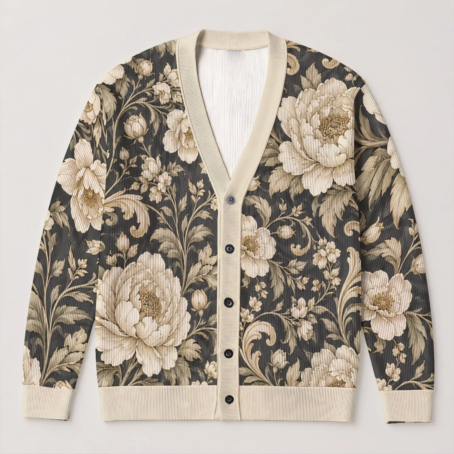Ivory Peony Scrolls for Elegant Everyday Layering and Autumn Outings All-over Print Knitted Cardigan - 1