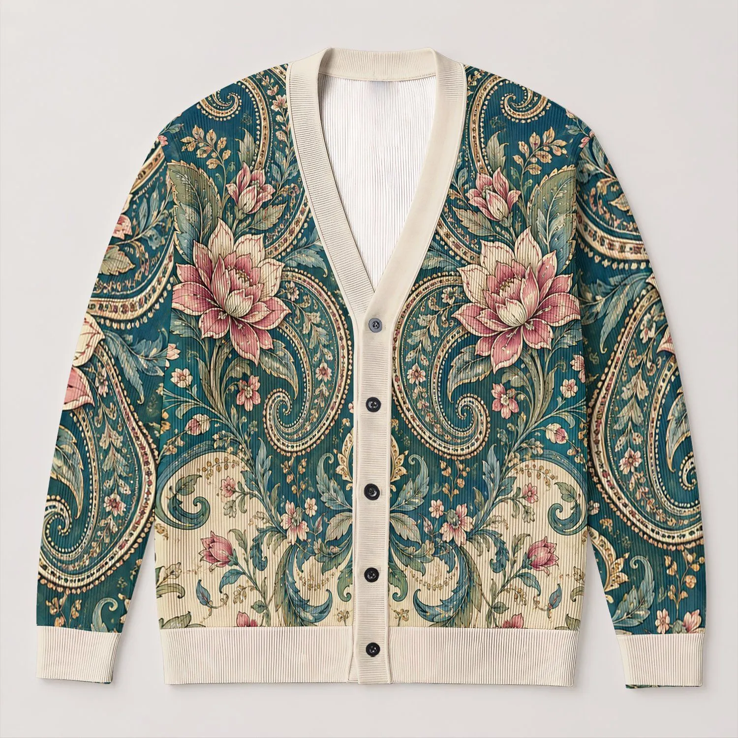 Teal Paisley Lotus Blossoms for Cozy Bohemian Fall Layering and Everyday Style All-over Print Knitted Cardigan - 1