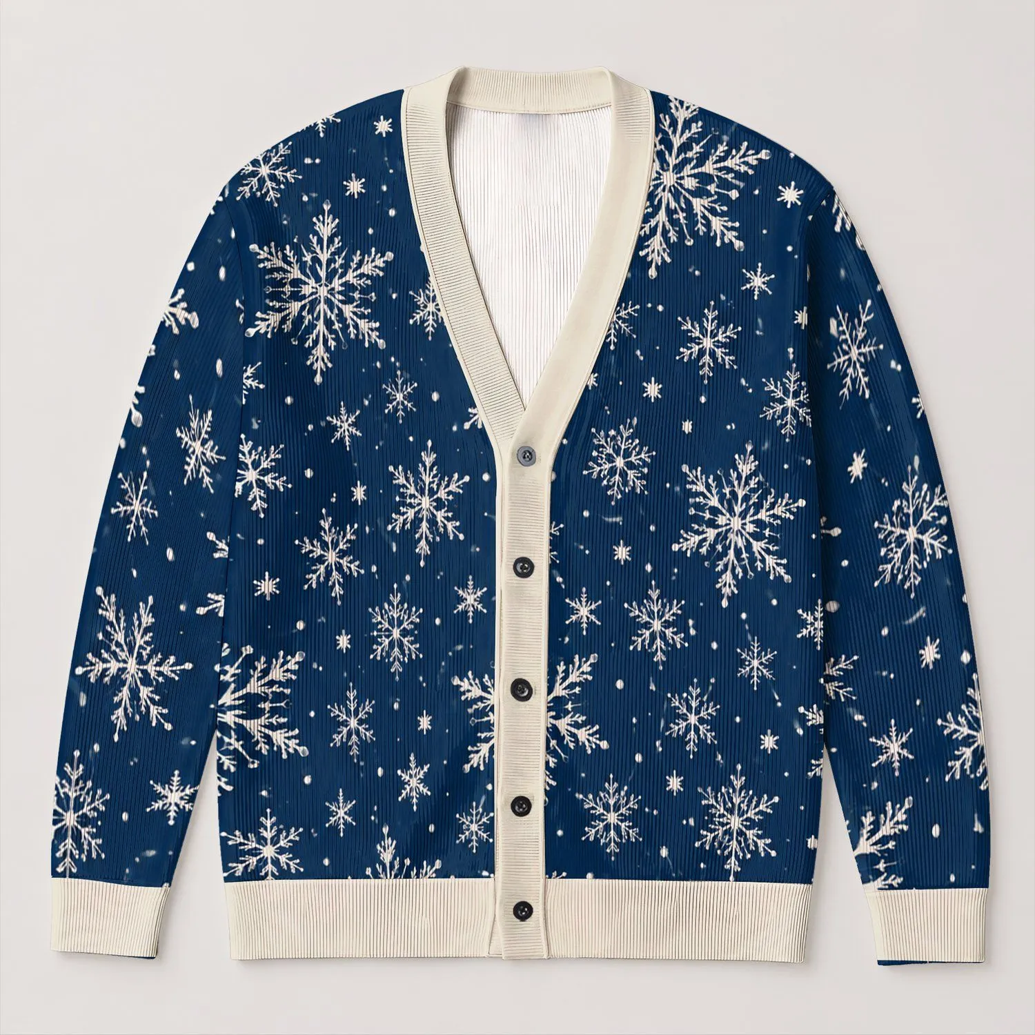 Ivory Snowflakes on Midnight Blue for Cozy Winter Days and Alpine Getaways and Travel All-over Print Knitted Cardigan - 1