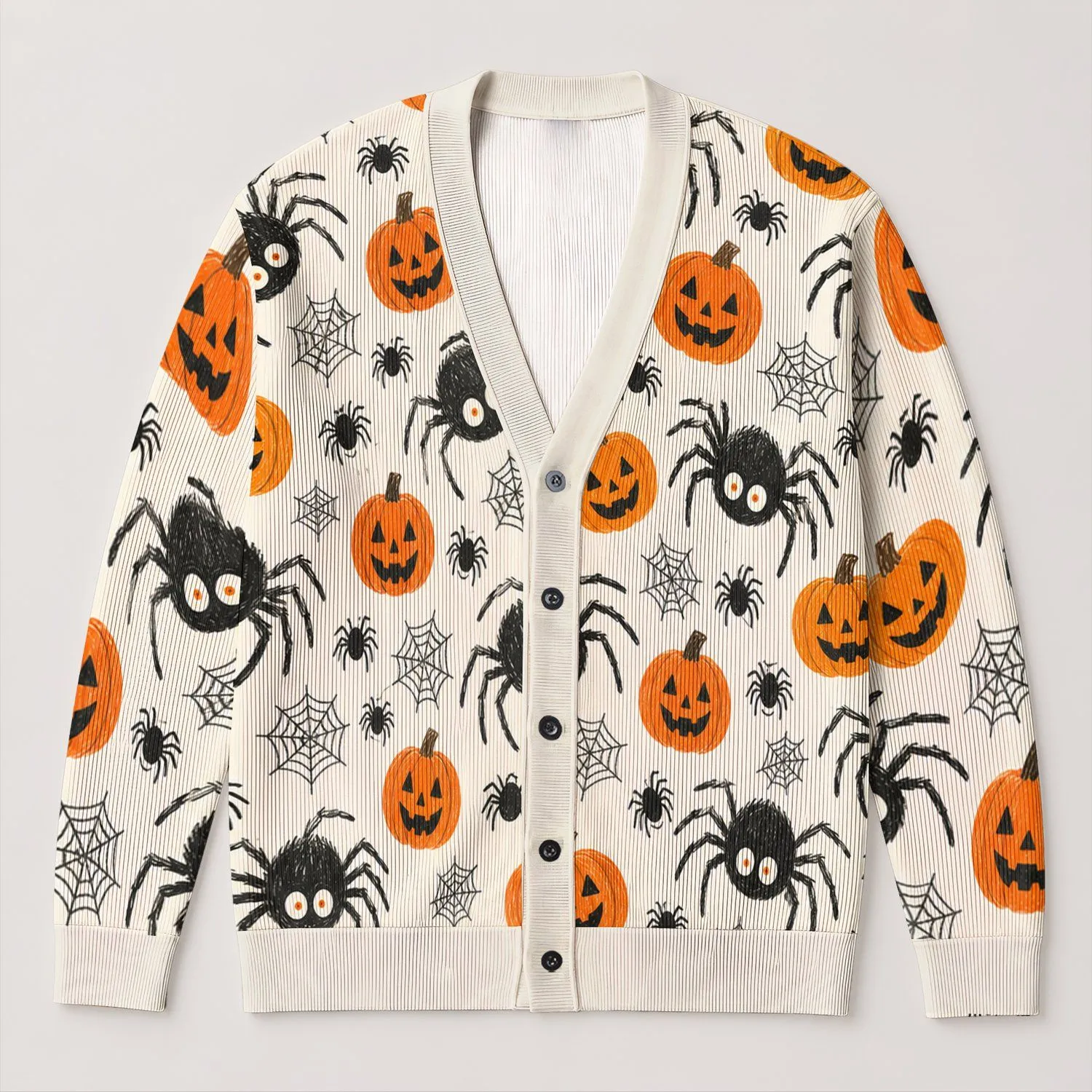 Halloween Spiders, Jack-O'-Lanterns And Webs For Cozy Autumn Party Style All-over Print Knitted Cardigan - 1