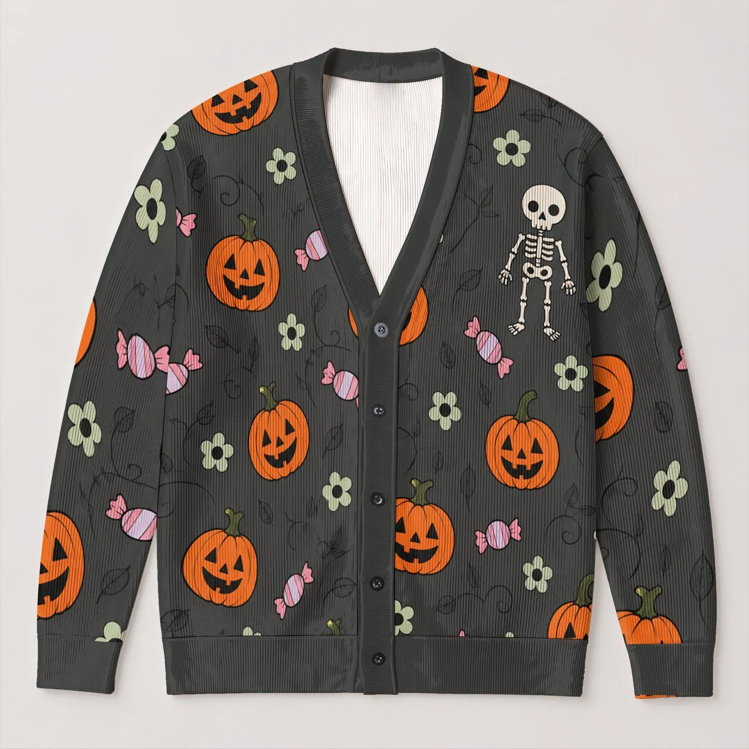 Halloween Pumpkins Skeleton Candy And Mint Flowers For Cozy Autumn Everyday Celebrations All-over Print Knitted Cardigan - 1