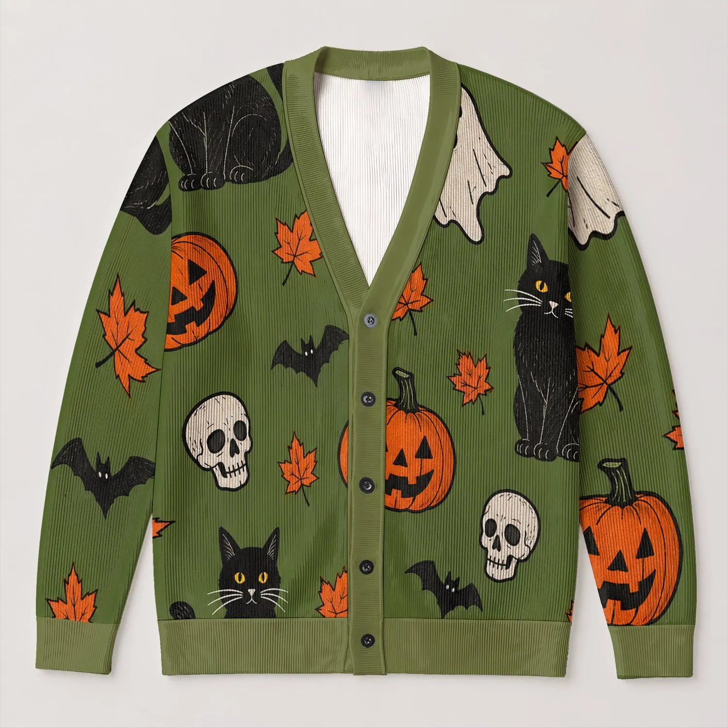 Halloween Pumpkins, Black Cats, Bats & Ghosts for Cozy Autumn Layering and October Days All-over Print Knitted Cardigan - 1