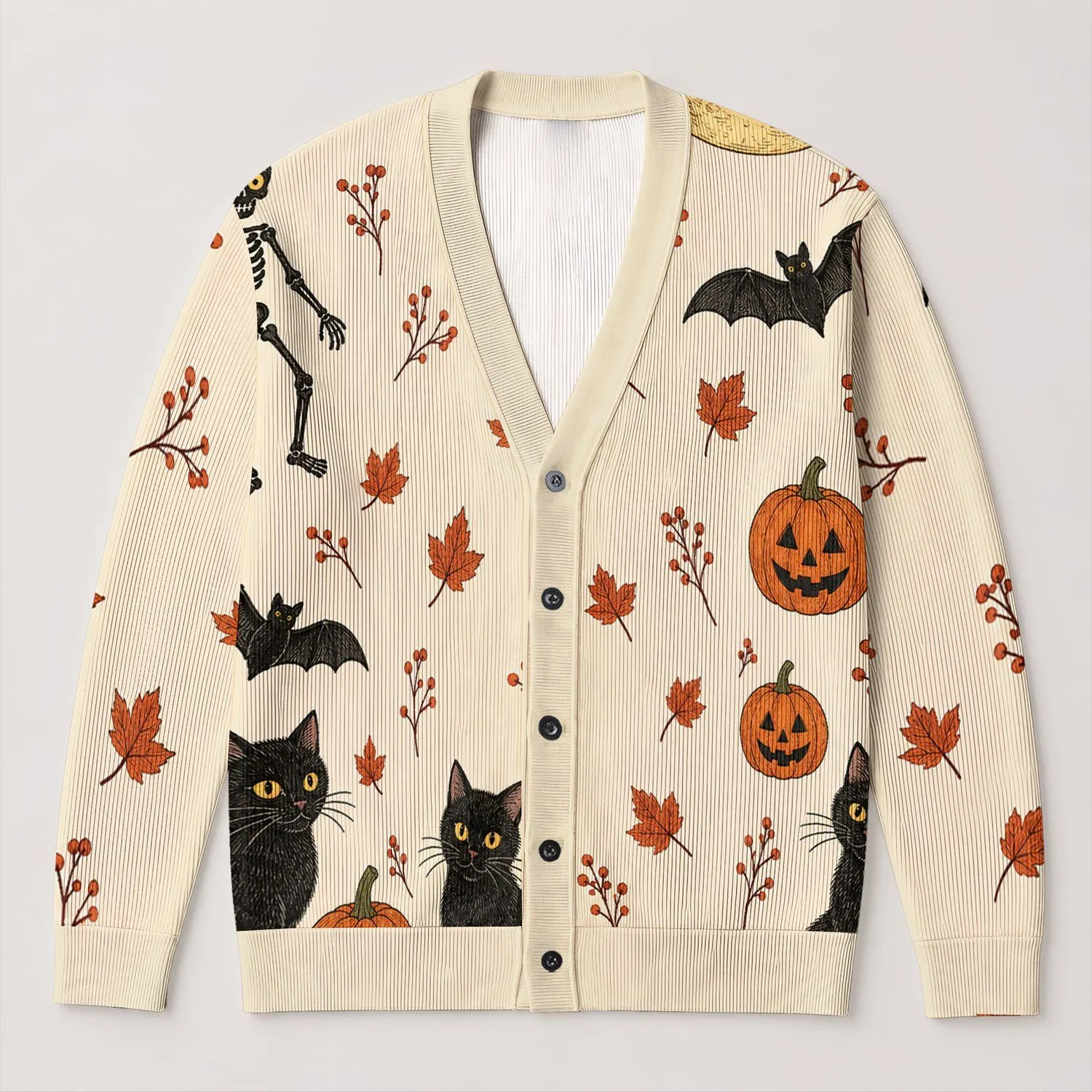 Halloween Black Cats, Pumpkins and Bats for Cozy Autumn Spooky Season Wear All-over Print Knitted Cardigan - 1
