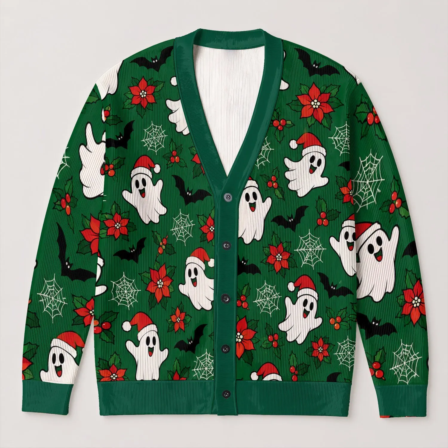 Santa Hat Ghosts, Black Bats And Poinsettias For Festive Winter Holiday Outings All-over Print Knitted Cardigan - 1