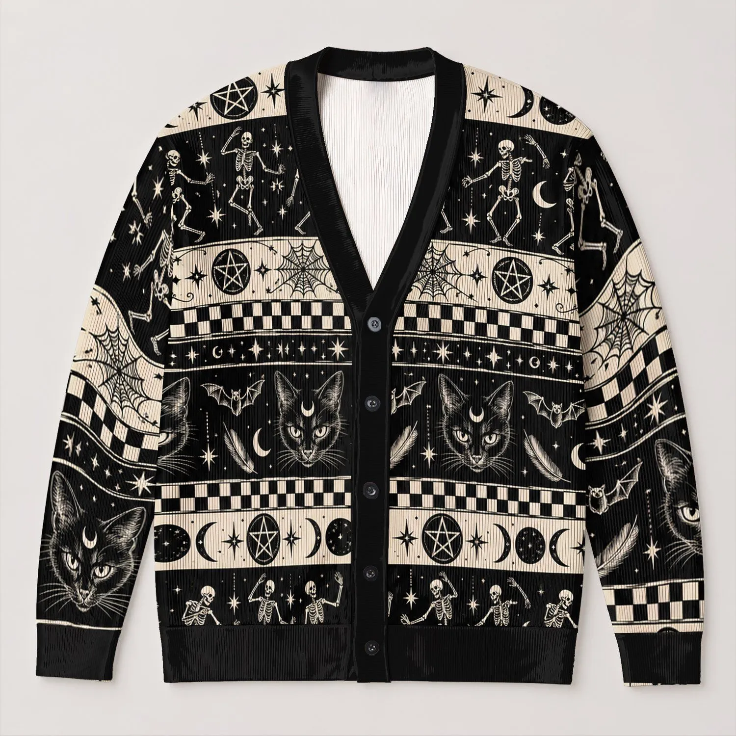 Gothic Black Cat And Bat Halloween Motifs For Spooky Autumn Everyday Teen Style All-over Print Knitted Cardigan - 1