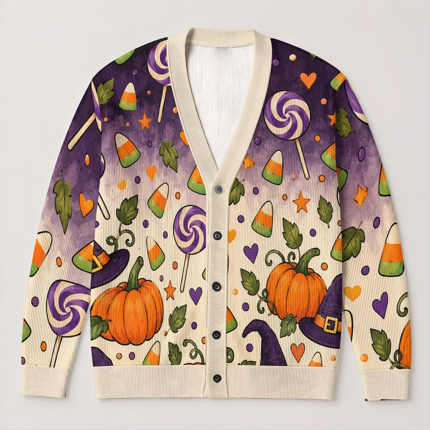 Halloween Candy Corn and Pumpkin Cheer for Cozy Autumn Celebrations and Spooky Season All-over Print Knitted Cardigan - 1