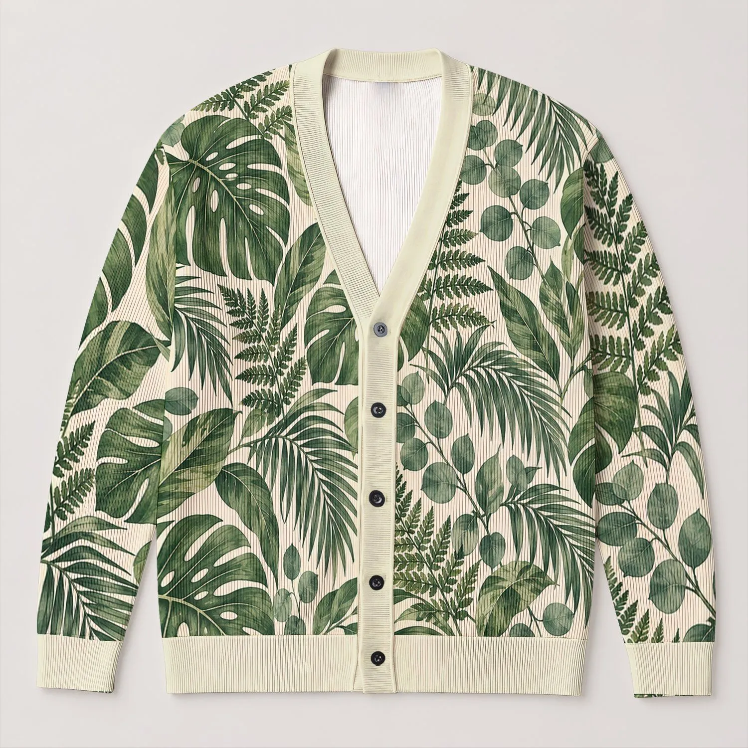 Tropical Monstera And Palm Foliage For Relaxed Everyday Layering All-over Print Knitted Cardigan - 1