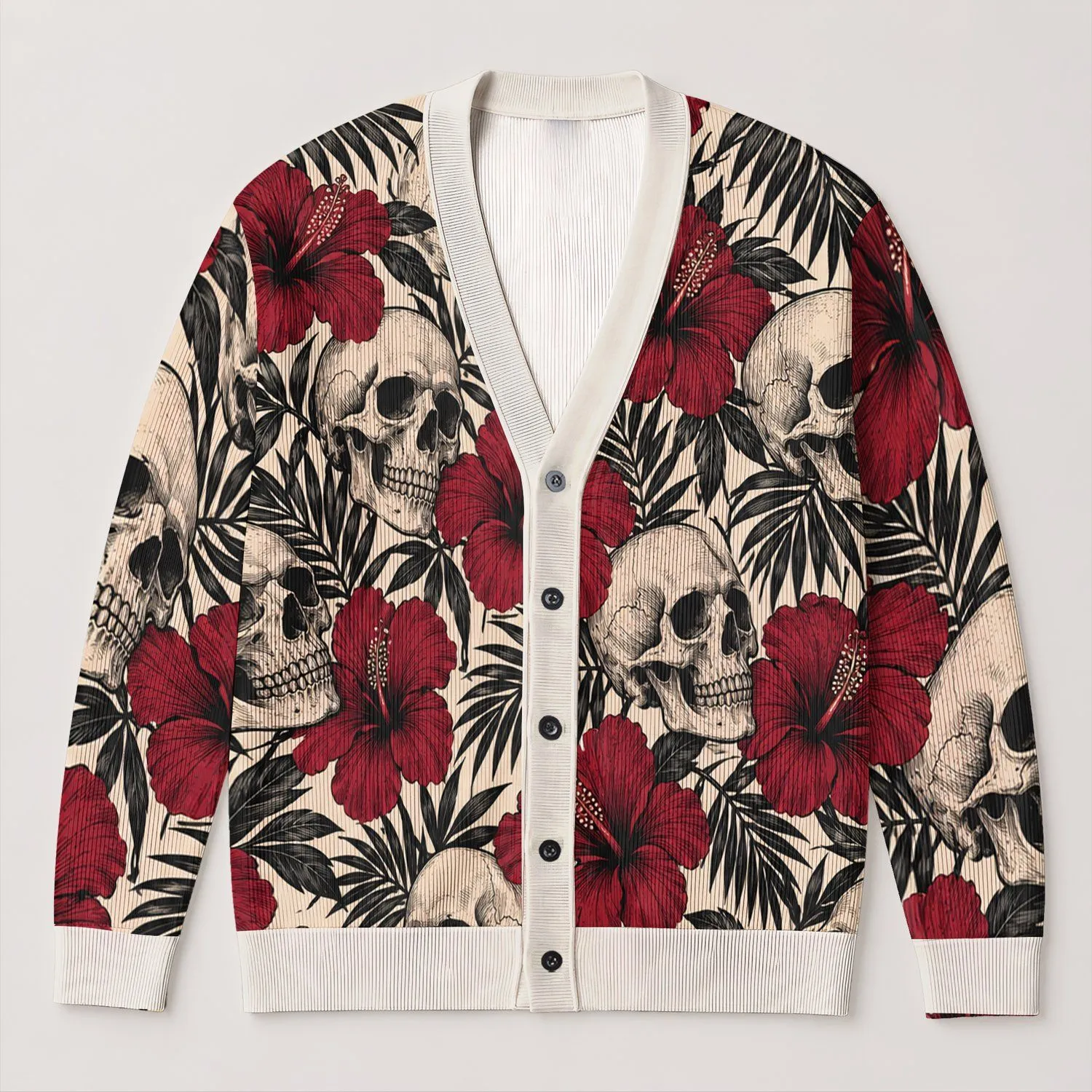 Tropical Hibiscus and Skull Motifs for Bold Alternative Summer Festival Style for Teens All-over Print Knitted Cardigan - 1