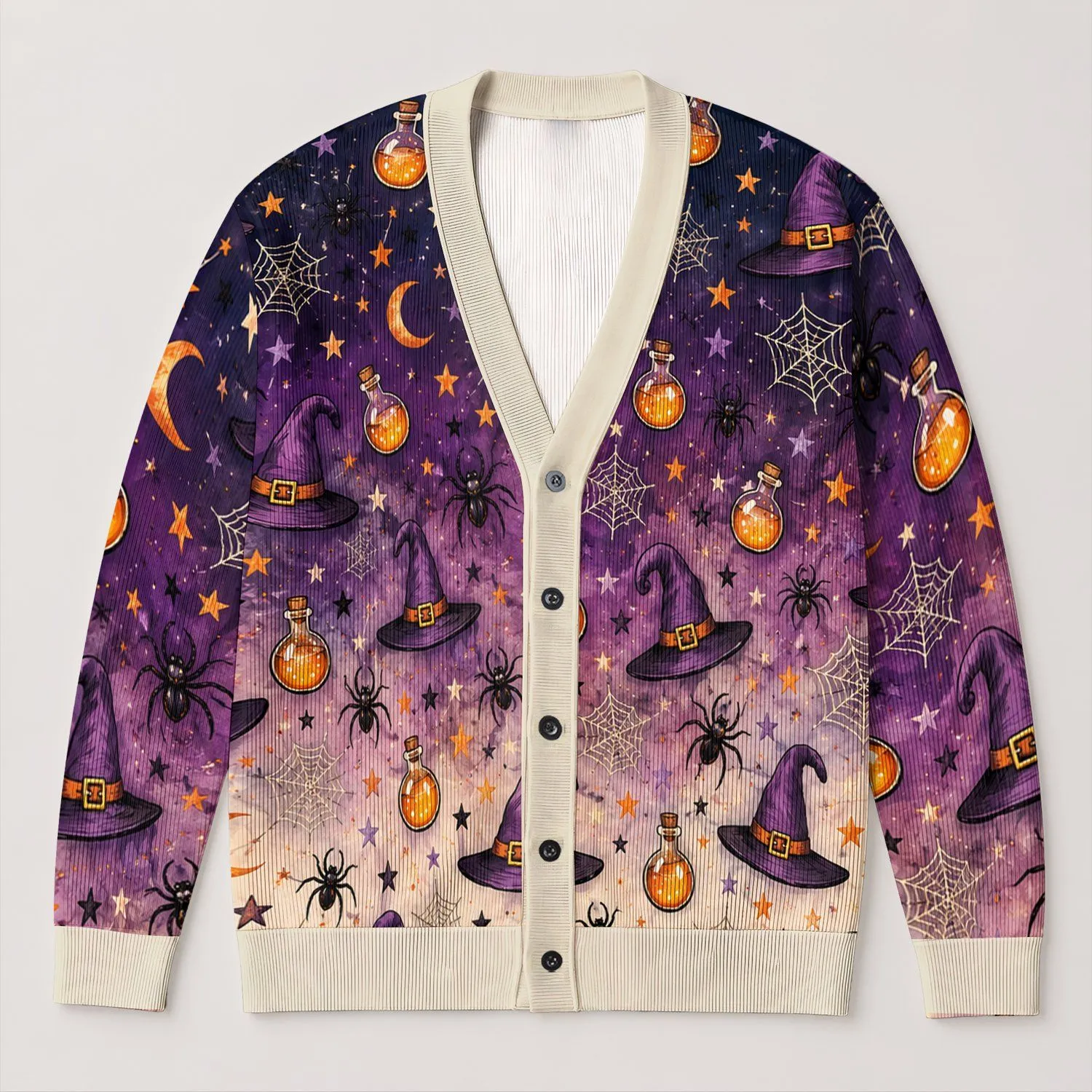 Witch Hats and Potion Bottles for Cozy Halloween Nights and Autumn Outings for Her All-over Print Knitted Cardigan - 1
