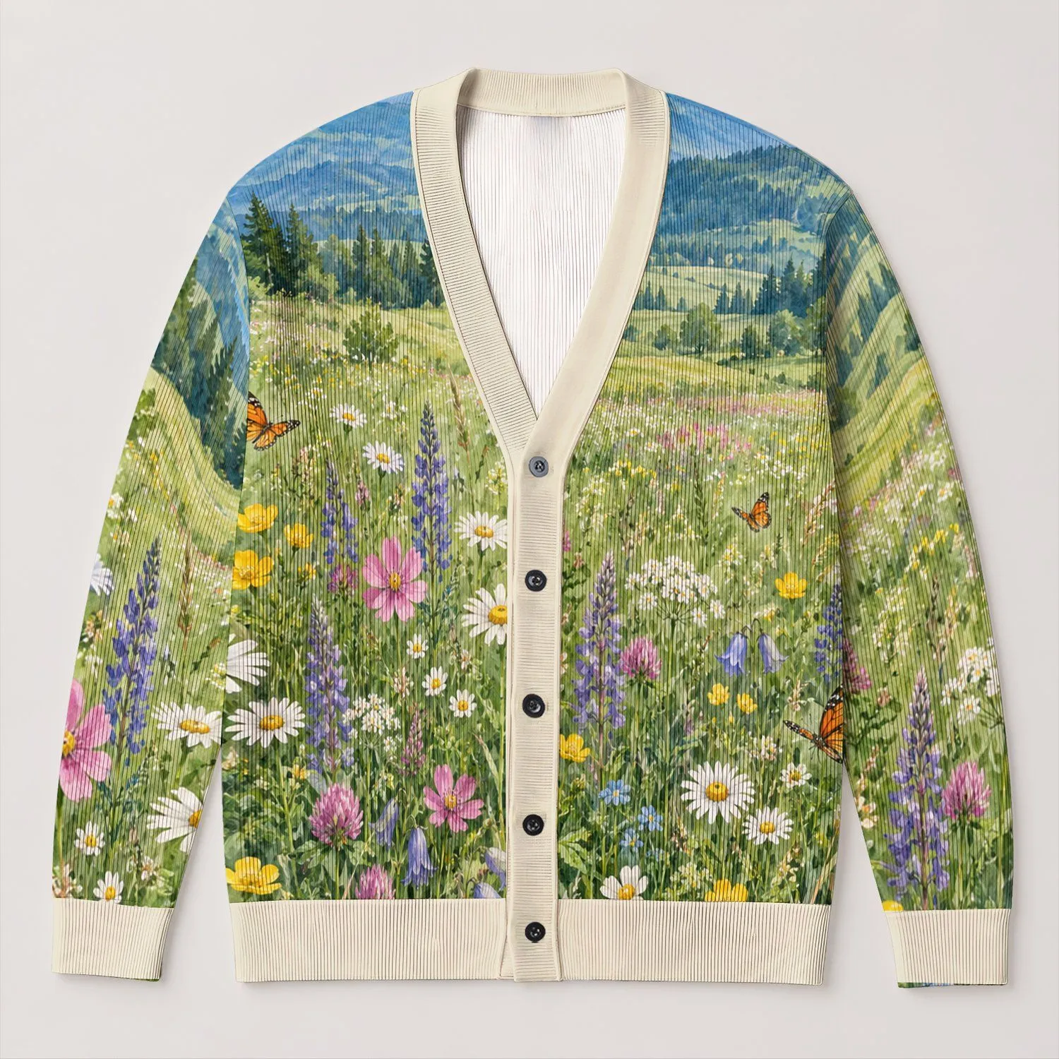 Mountain Wildflower Meadow for Peaceful Nature Walks and Everyday Outdoor Style for Women All-over Print Knitted Cardigan - 1