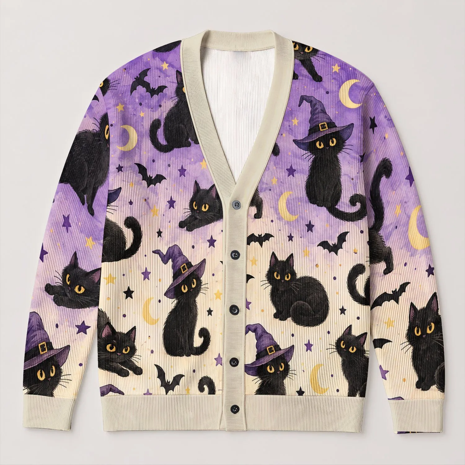 Halloween Black Cat Witch Hats and Moons for Cozy Autumn Spooky Season Layering All-over Print Knitted Cardigan - 1