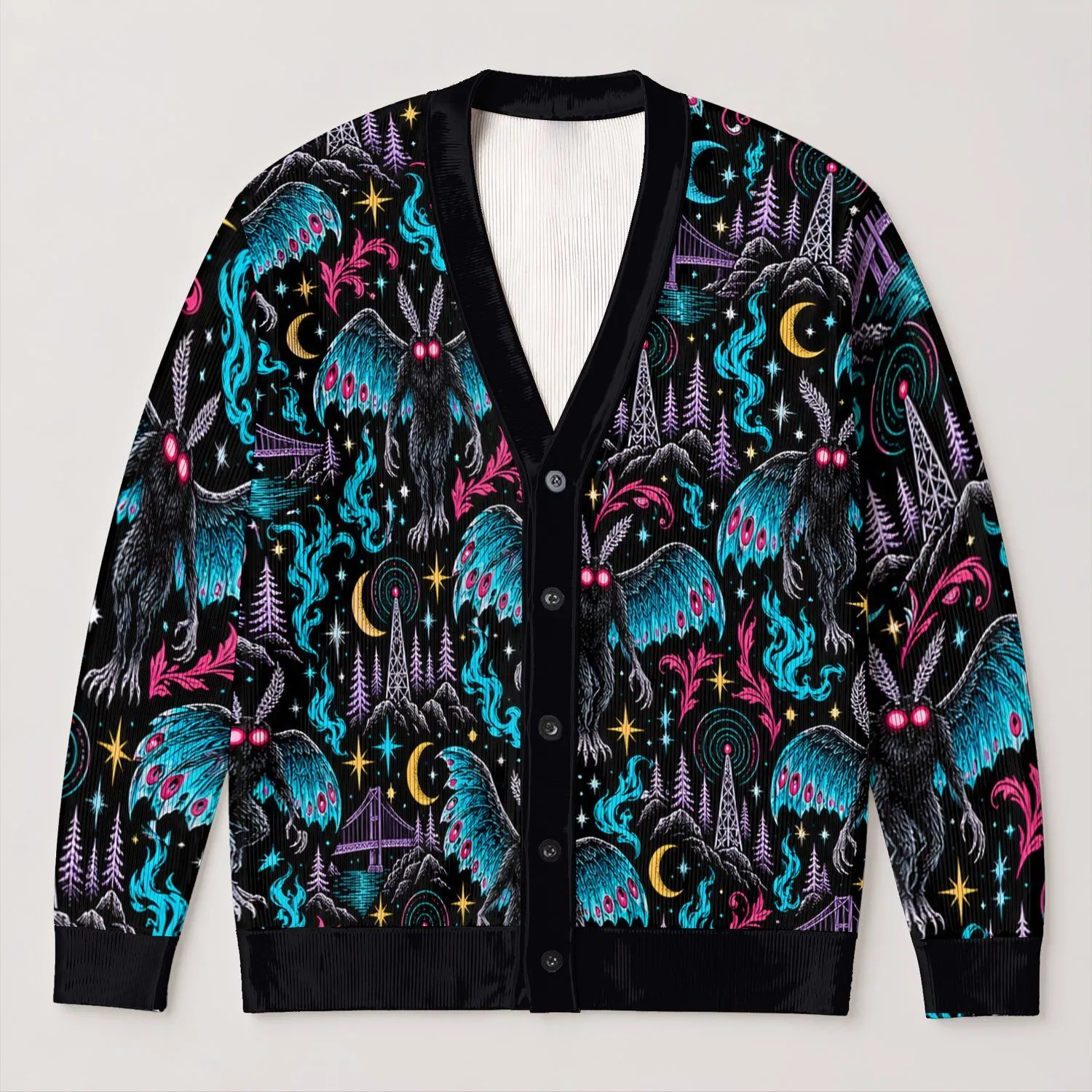 Neon Mothman Moonlit Nightscape for Everyday Alternative Style and Cryptid Fans Teens All-over Print Knitted Cardigan - 1