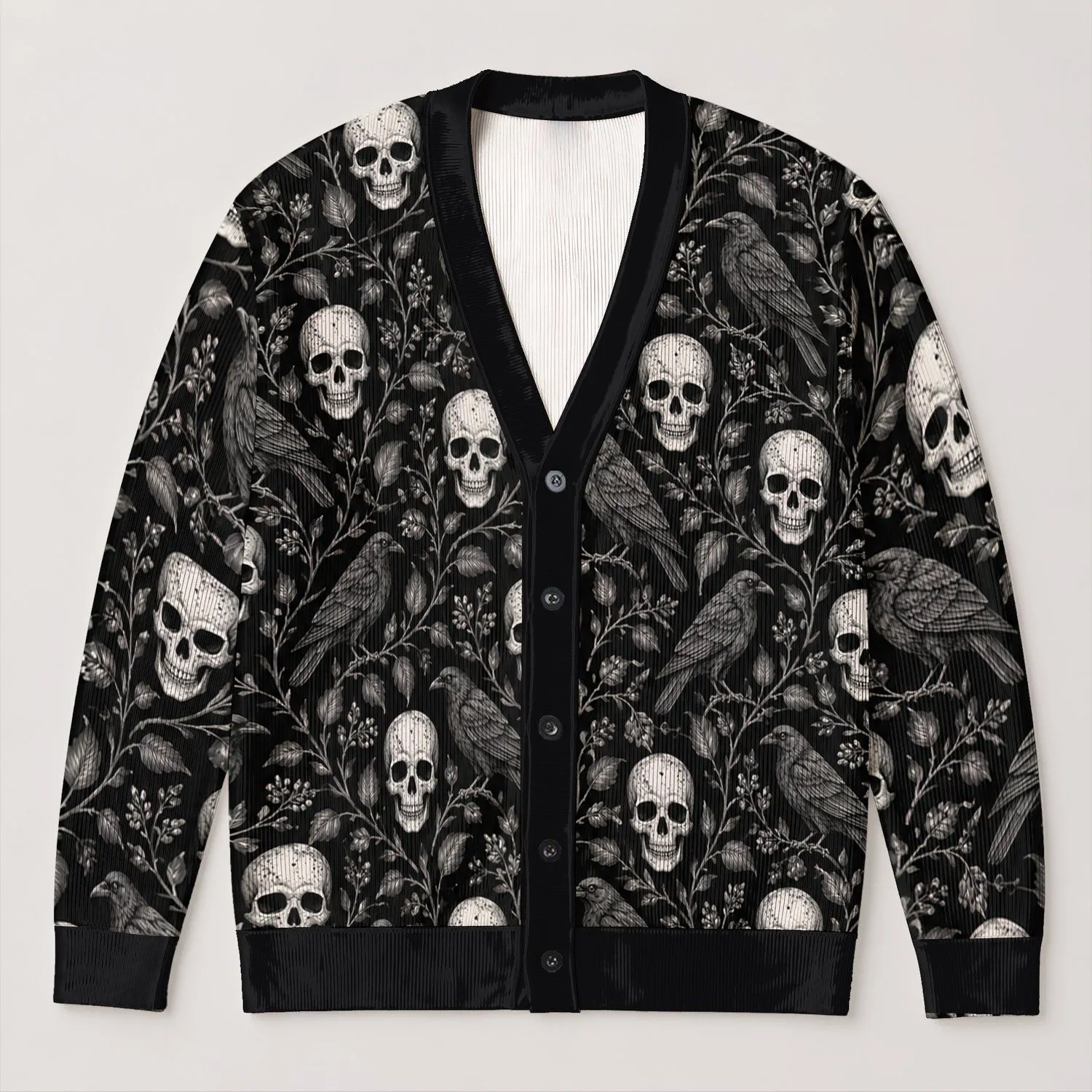 Gothic Raven And Skull Motifs For Everyday Dark Academia Layering All-over Print Knitted Cardigan - 1