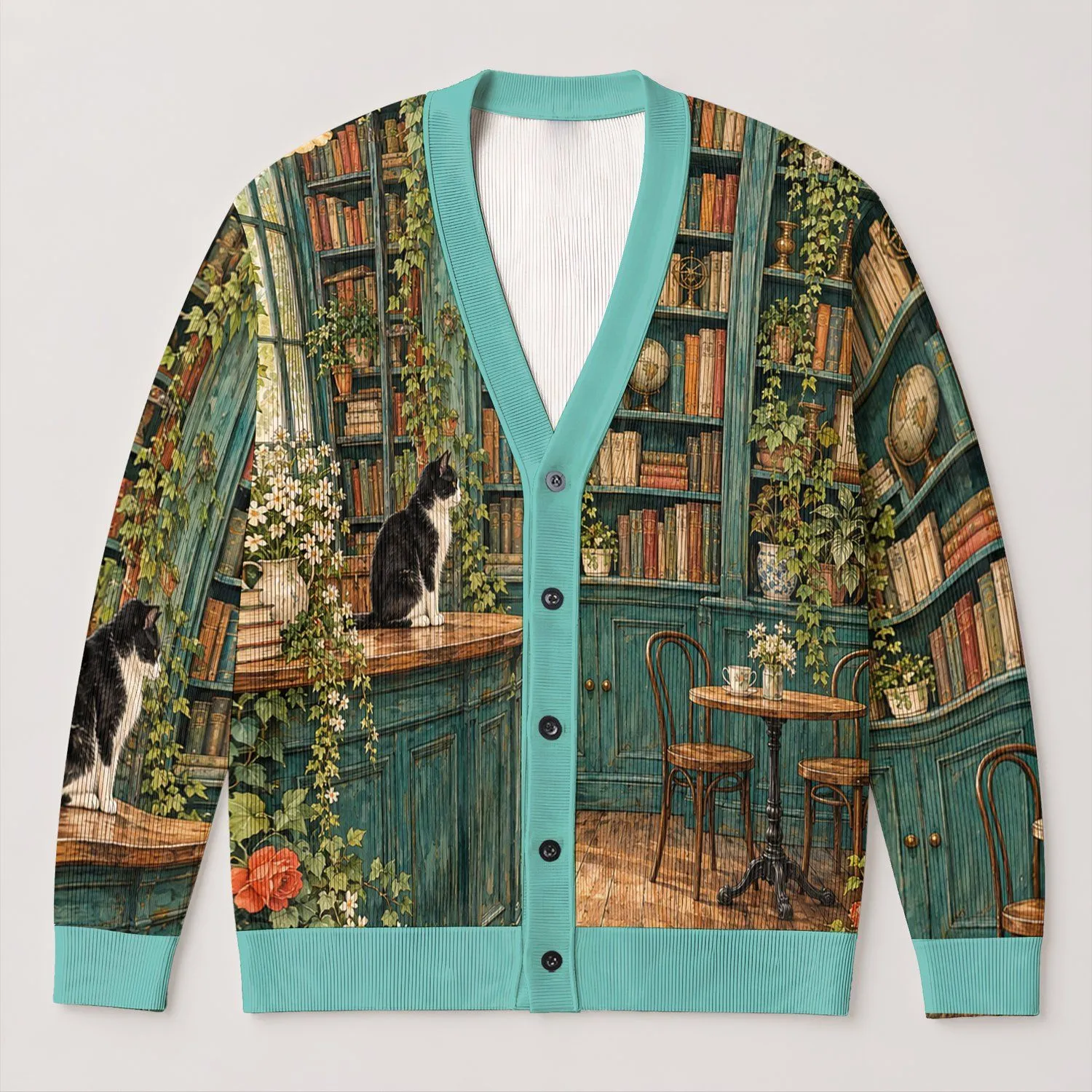 Vintage Bookshop Window With Kitten for Cozy Autumn Reading Days All-over Print Knitted Cardigan - 1