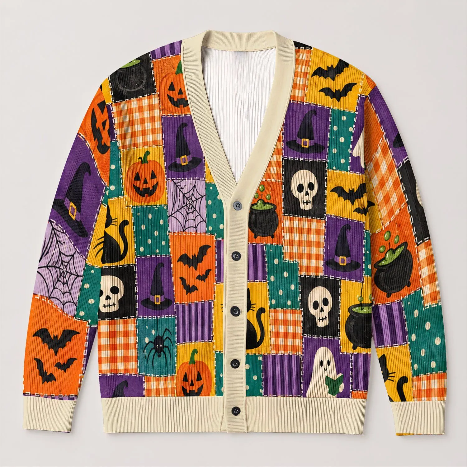 Halloween Patchwork Pumpkins, Ghosts And Black Cats For Festive Autumn Layering Wear All-over Print Knitted Cardigan - 1