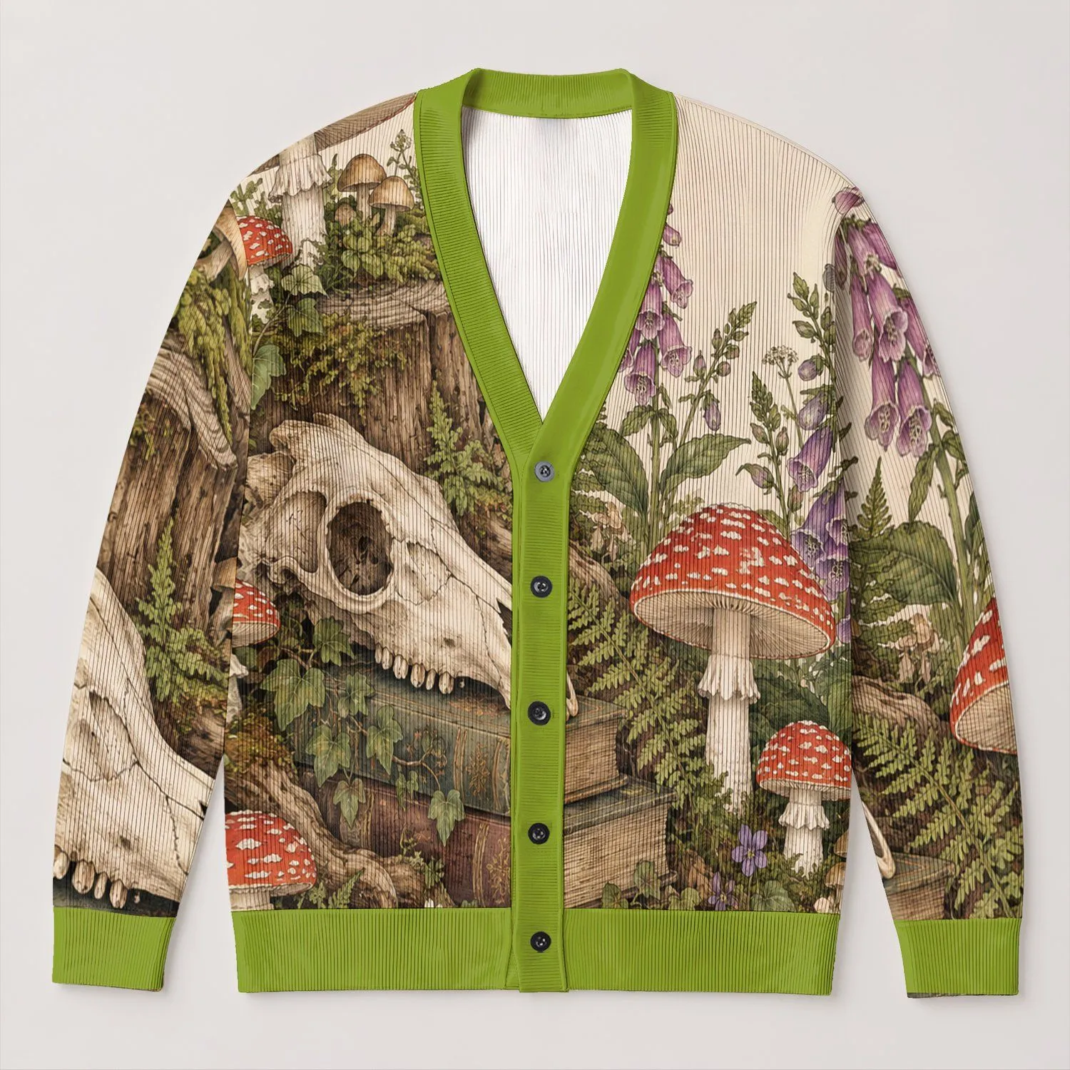 Mushroom Skull and Wildflower Woodland Scene for Cozy Halloween Cottagecore Layering All-over Print Knitted Cardigan - 1