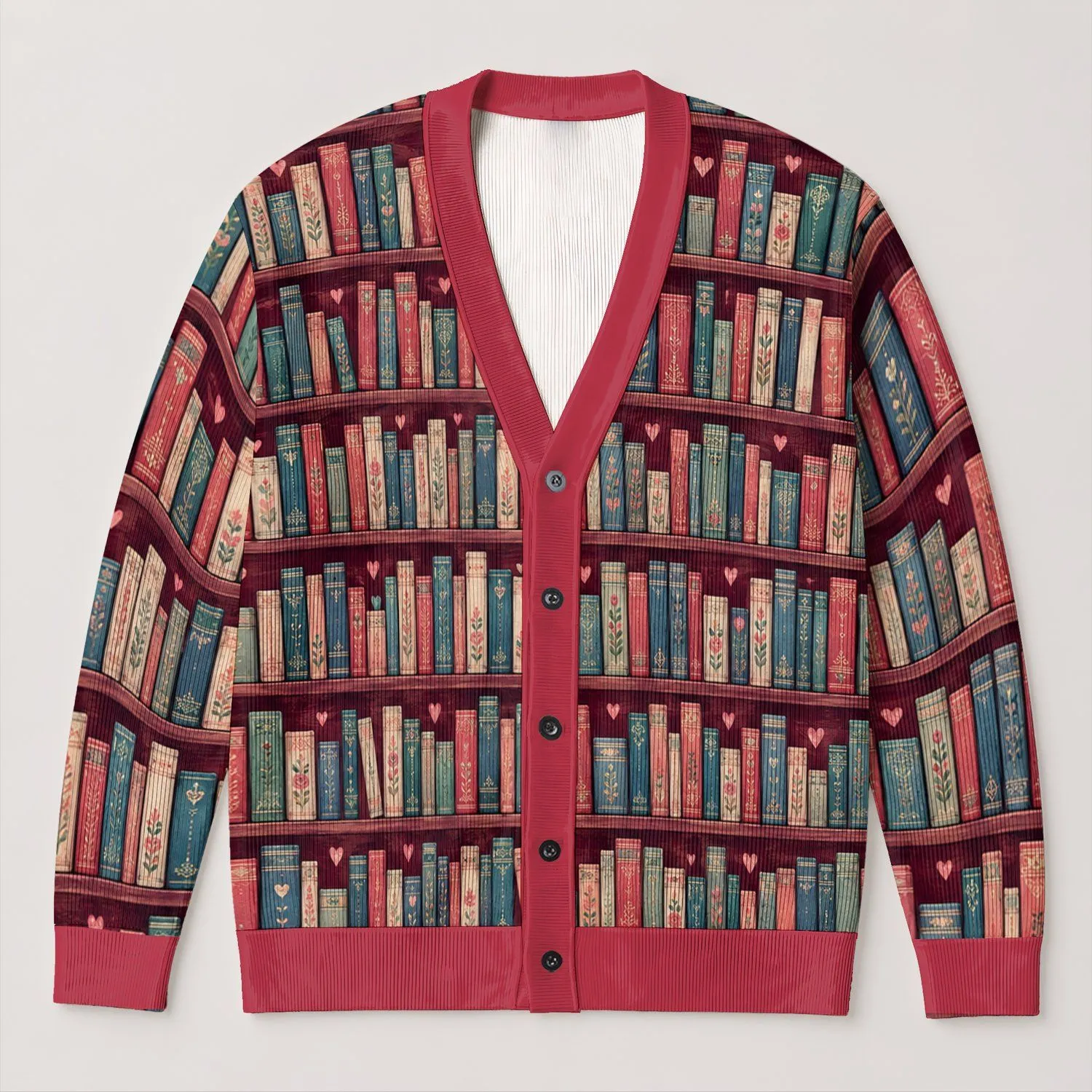 Vintage Library Bookshelf Rows for Cozy Autumn Reading Days and Book Lover Style All-over Print Knitted Cardigan - 1