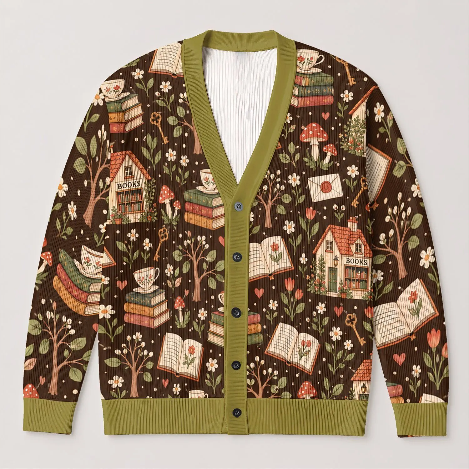 Cottagecore Bookshop Houses, Mushrooms and Tea for Cozy Autumn Reading, Teen Book Lovers All-over Print Knitted Cardigan - 1